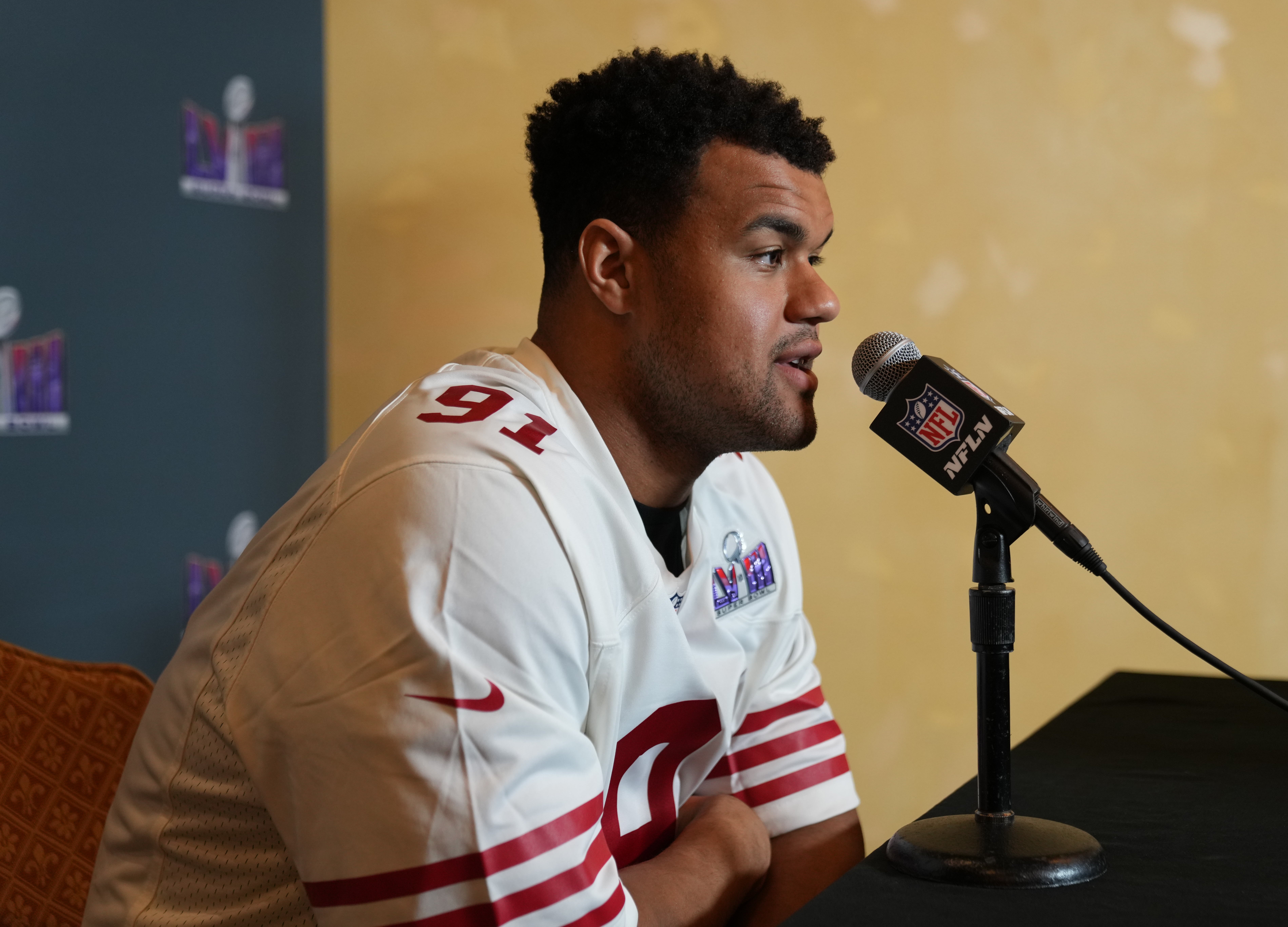 Feb 7, 2024; Las Vegas, NV, USA; San Francisco 49ers defensive end Arik Armstead (91) during a press conference before Super Bowl LVIII at Hilton Lake Las Vegas Resort and Spa.