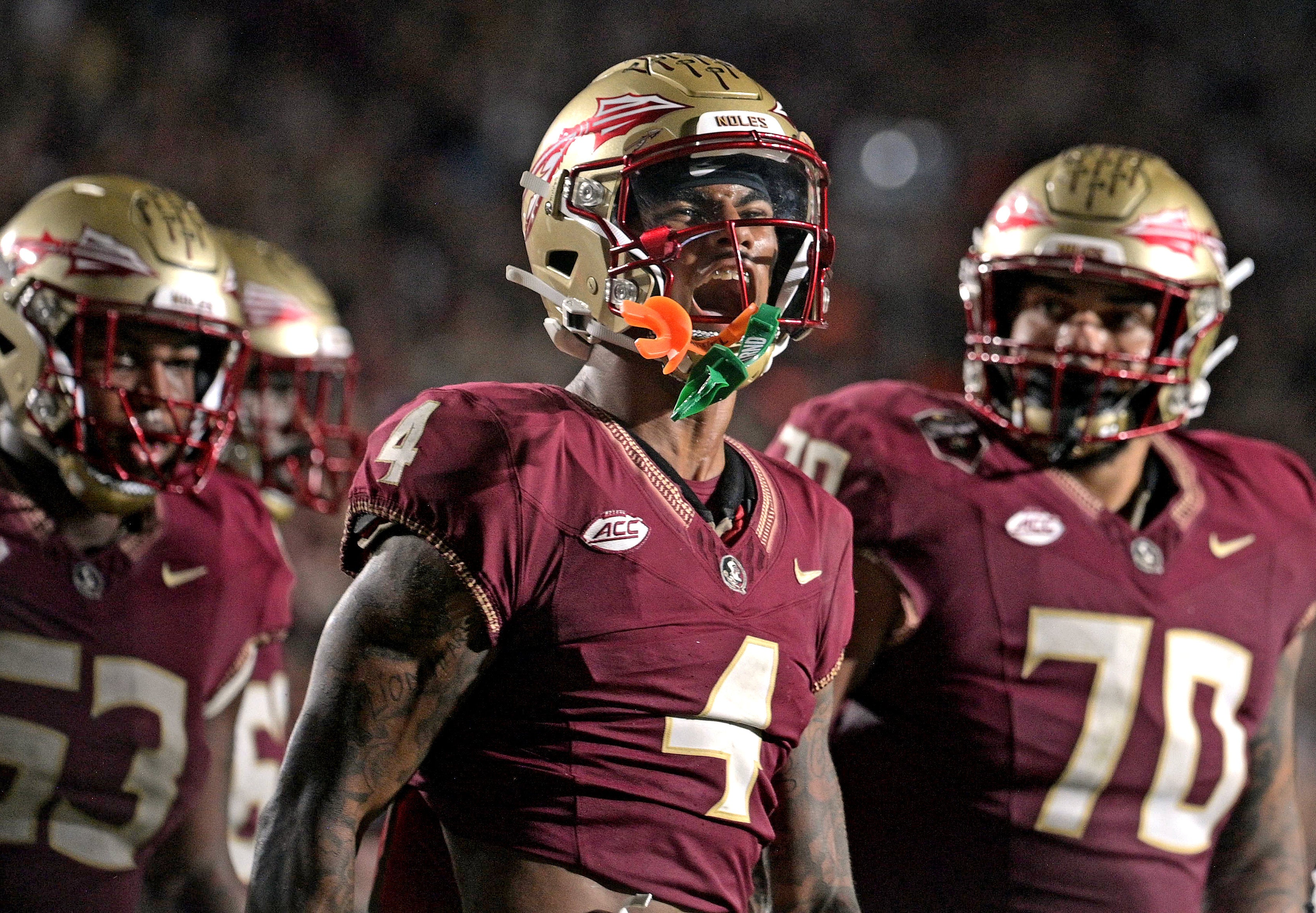 Florida State Seminoles wide receiver Keon Coleman (4) celebrates a touchdown score against the Miami Hurricanes