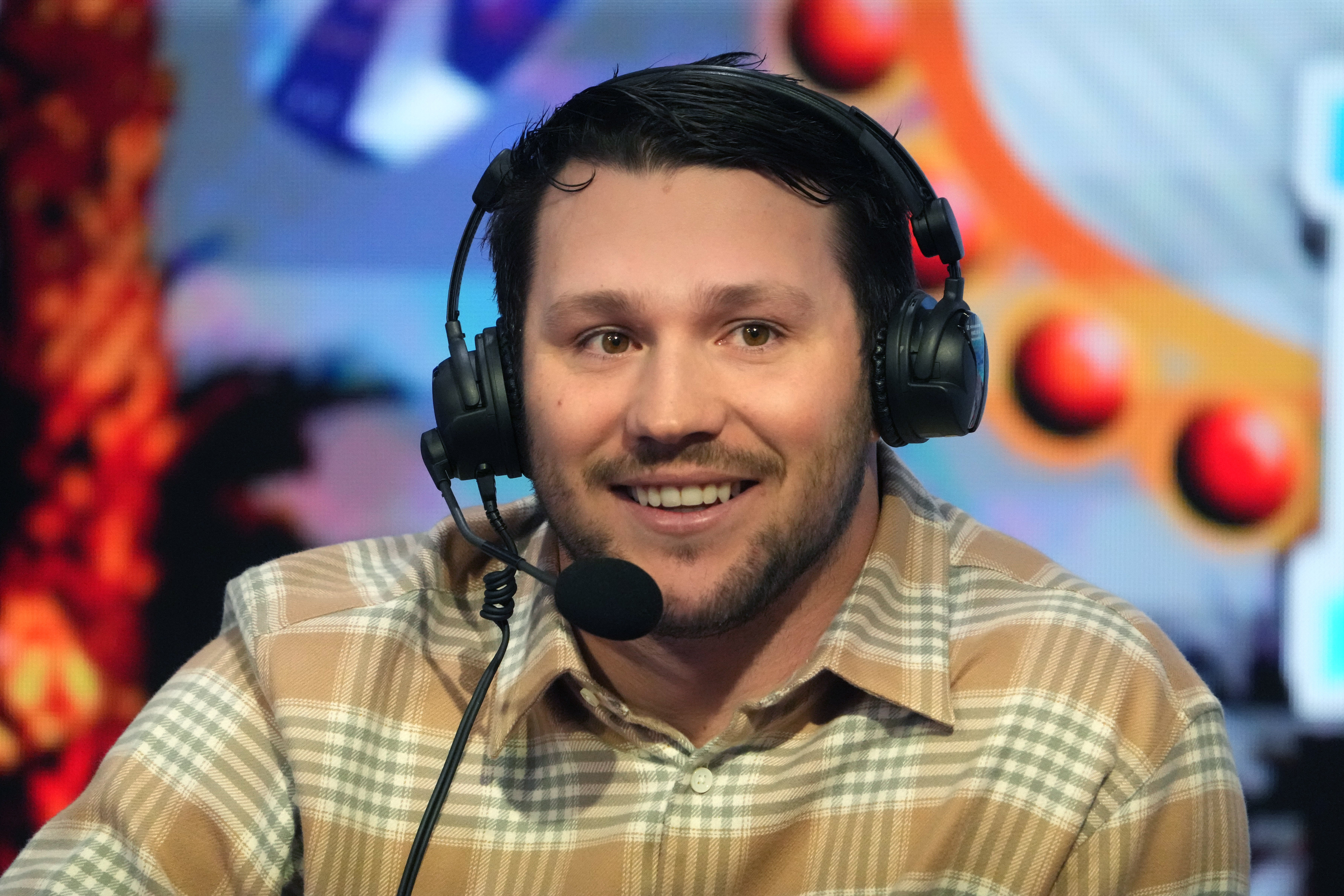 Feb 8, 2024; Las Vegas, NV, USA; Buffalo Bills quarterback Josh Allen on the Pac McAfee show on radio row at the Super Bowl 58 media center at the Mandalay Bay resort and casino.