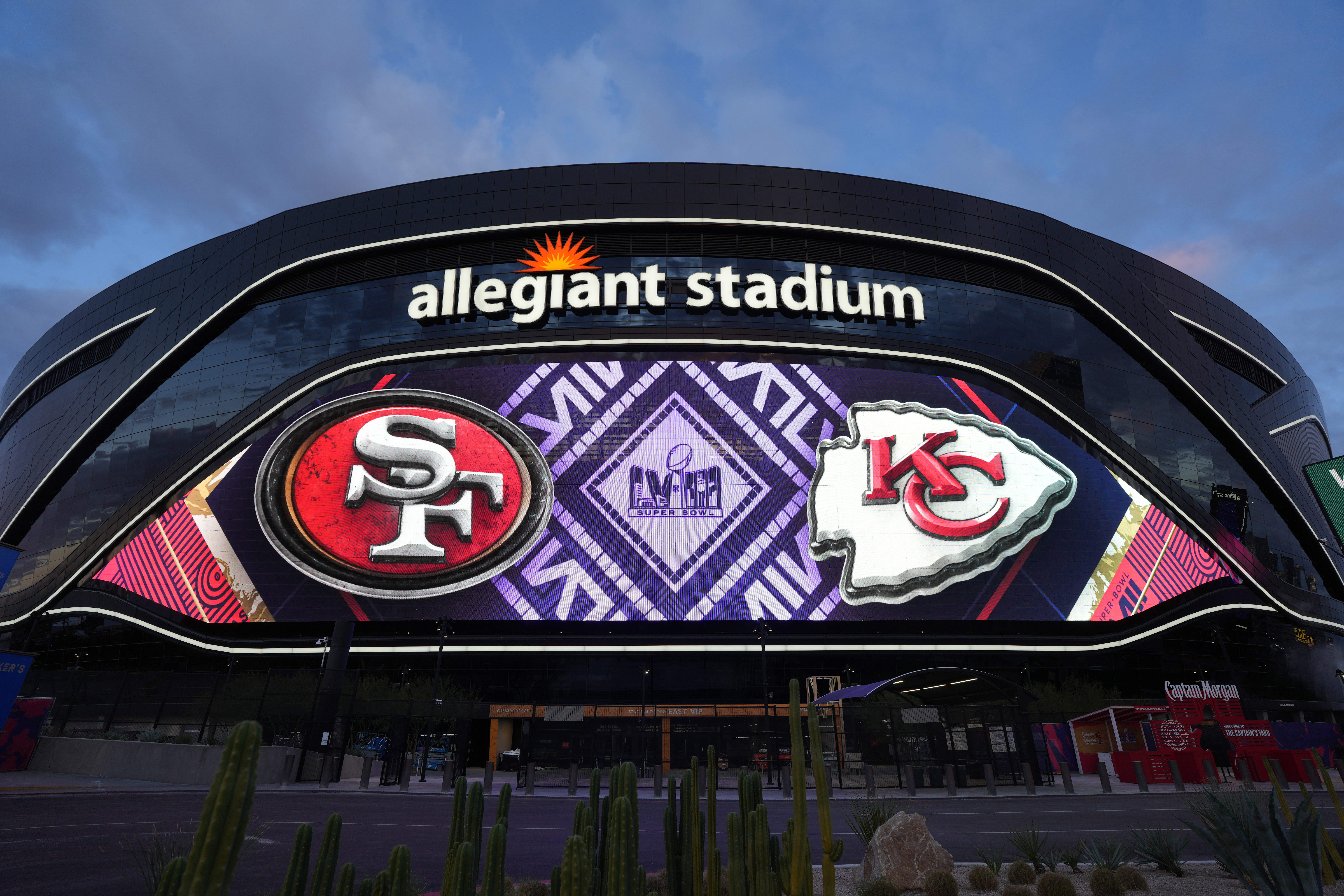 Feb 9, 2024; Las Vegas, NV, USA; A general overall view of Allegiant Stadium, the site of Super Bowl 58 between the San Francisco 49ers and the Kansas City Chiefs.