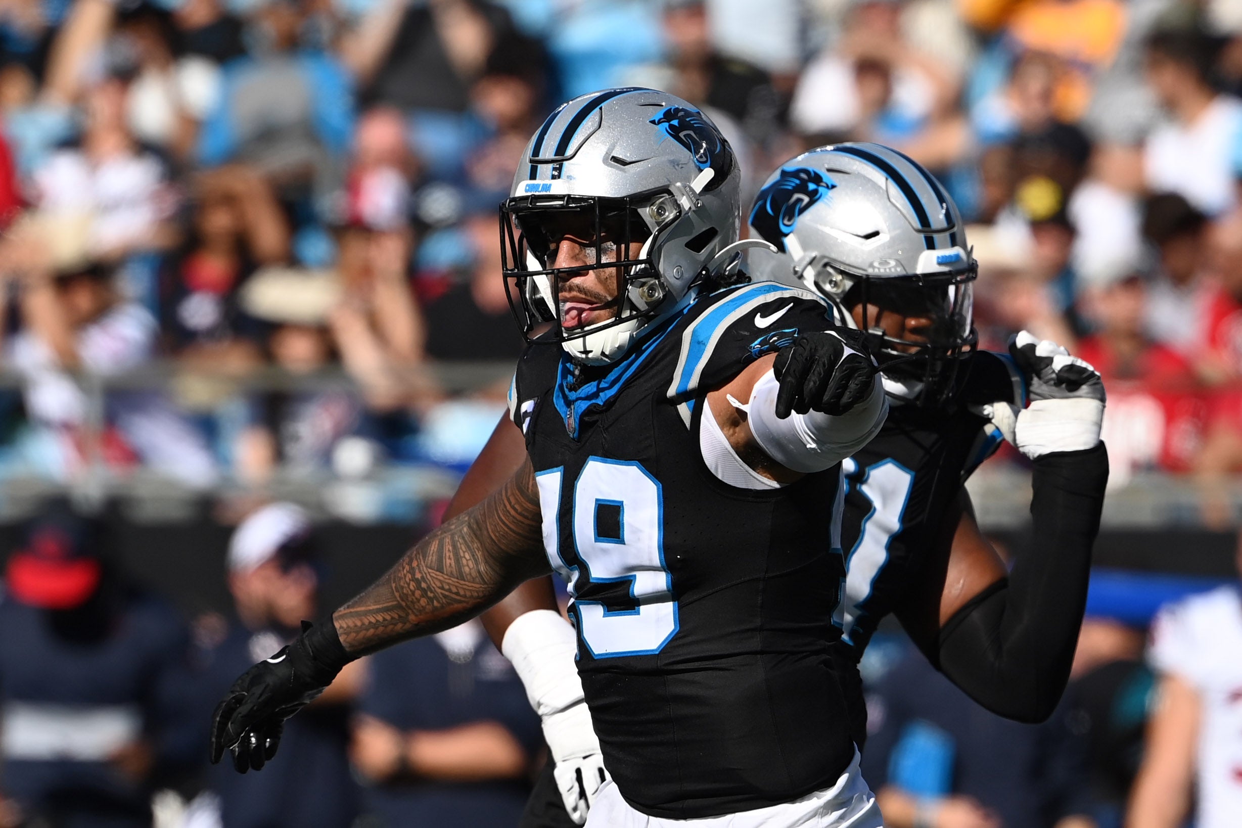 Oct 29, 2023; Charlotte, North Carolina, USA; Carolina Panthers linebacker Frankie Luvu (49) reacts in the fourth quarter at Bank of America Stadium. Mandatory Credit: Bob Donnan-USA TODAY Sports