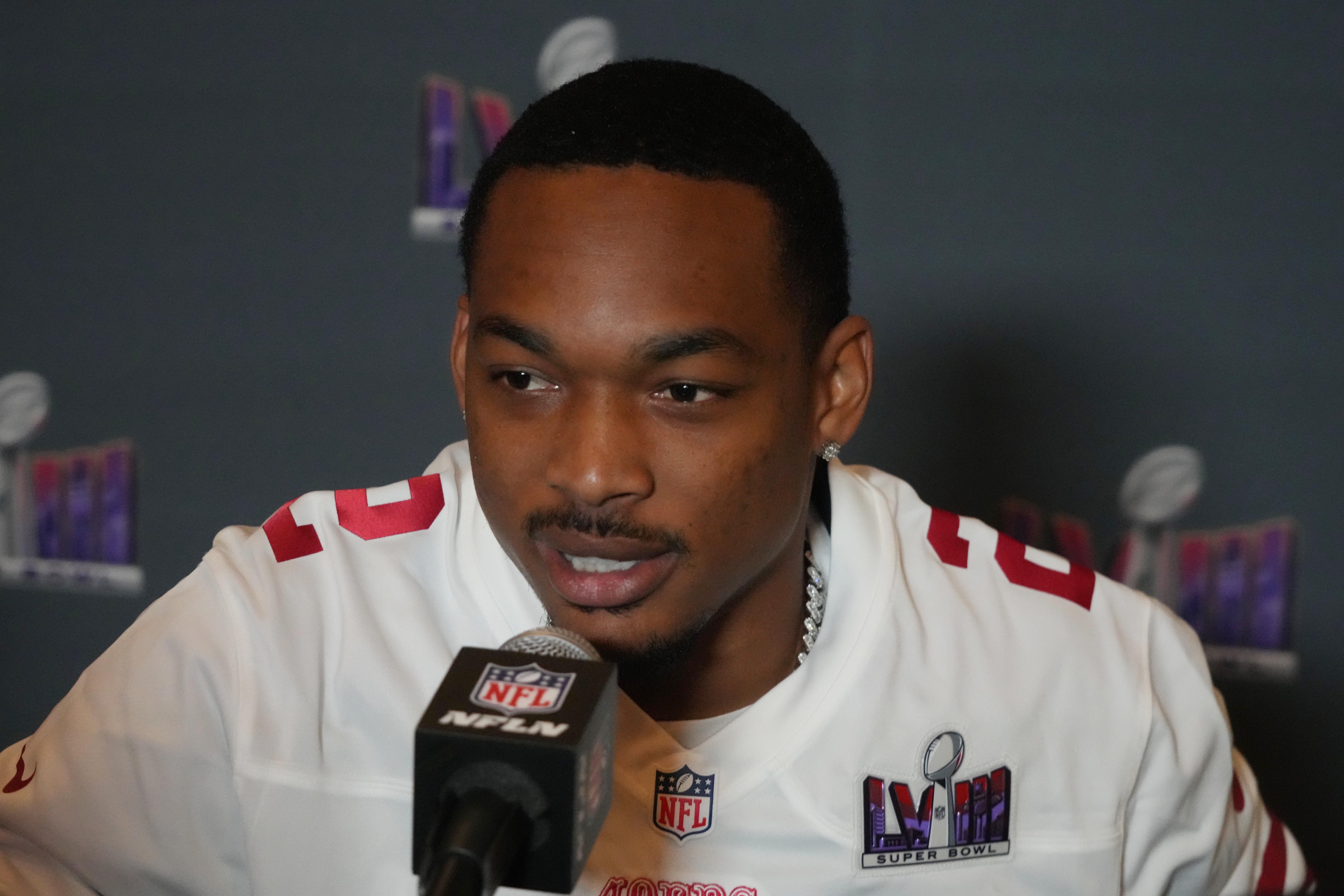 Feb 6, 2024; Las Vegas, NV, USA; San Francisco 49ers cornerback Deommodore Lenoir (2) during a press conference before Super Bowl LVIII at the Hilton Lake Las Vegas Resort.
