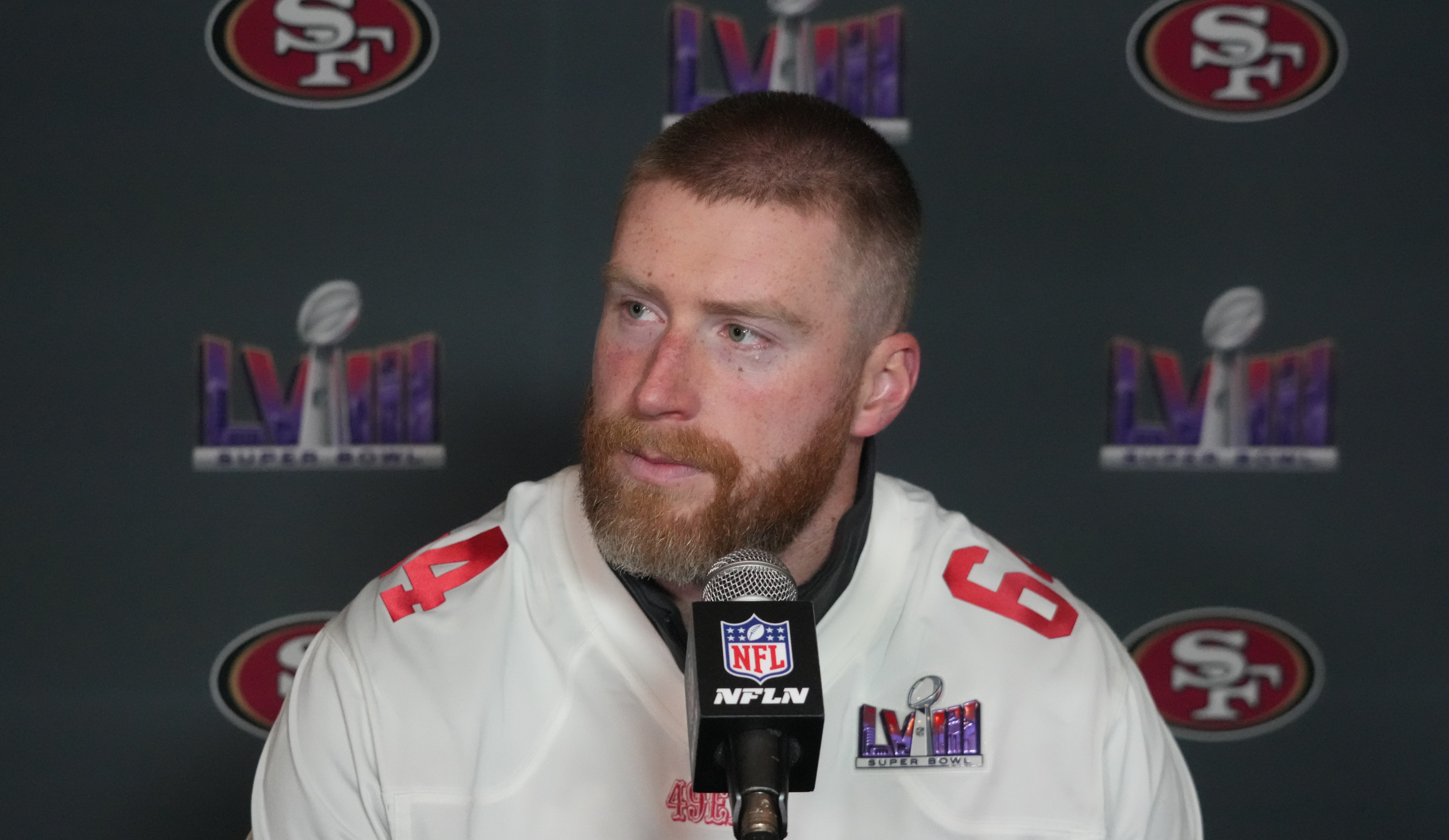 Feb 6, 2024; Las Vegas, NV, USA; San Francisco 49ers center Jake Brendel (64) during a press conference before Super Bowl LVIII at the Hilton Lake Las Vegas Resort.