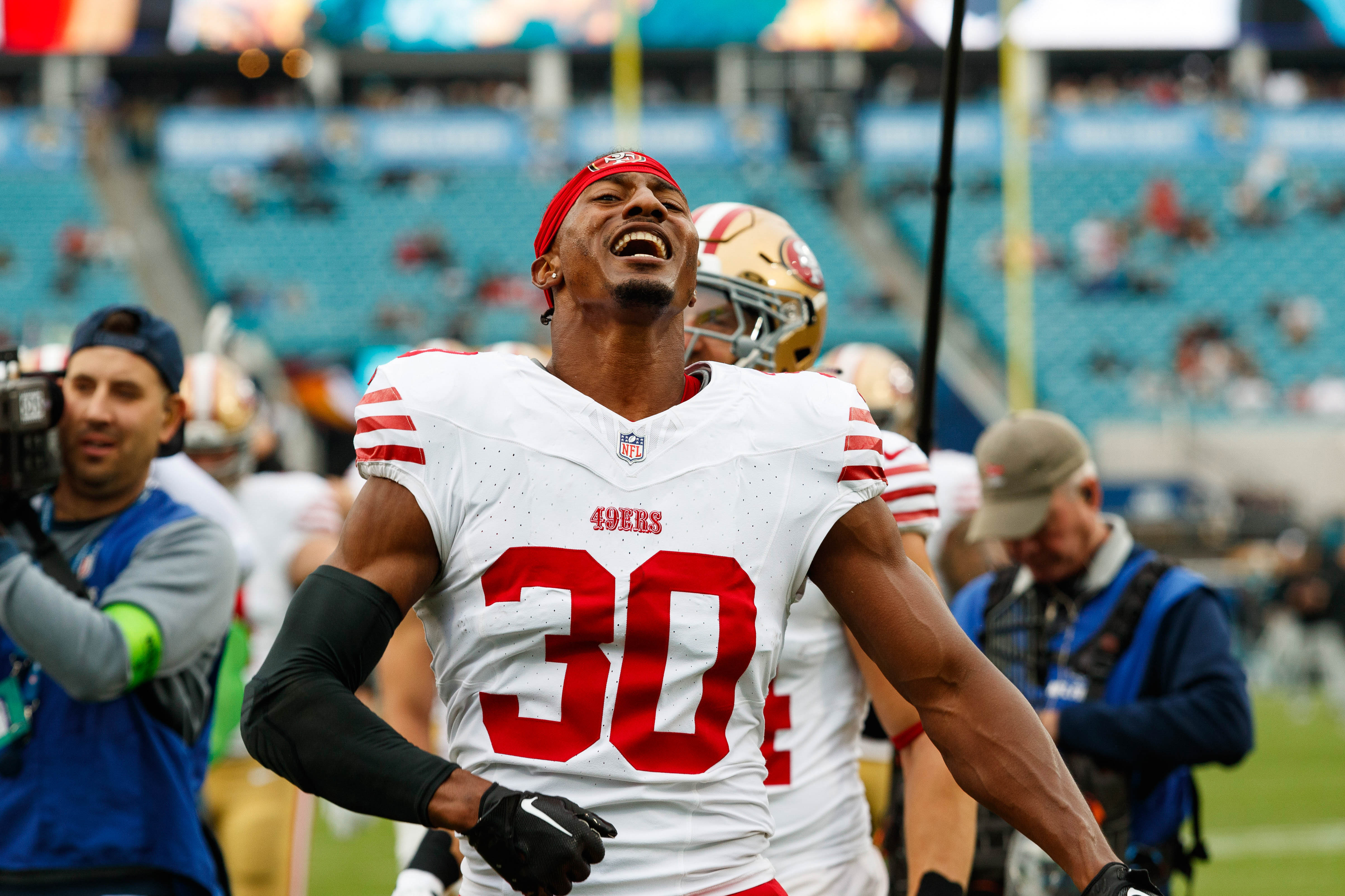 Nov 12, 2023; Jacksonville, Florida, USA; San Francisco 49ers safety George Odum (30) during the warm ups before the game against the Jacksonville Jaguars at EverBank Stadium.