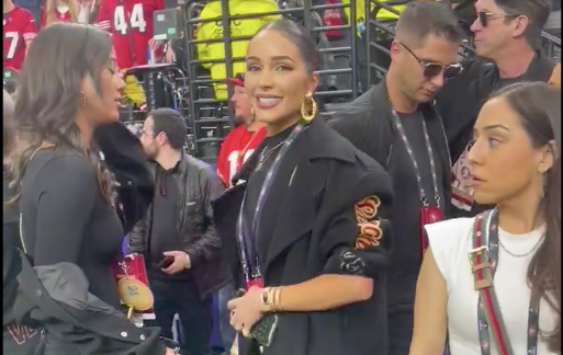 Christian McCaffrey's fiance Olivia Culpo rocks a Kristin Juszczyk design during Super Bowl LVIII.