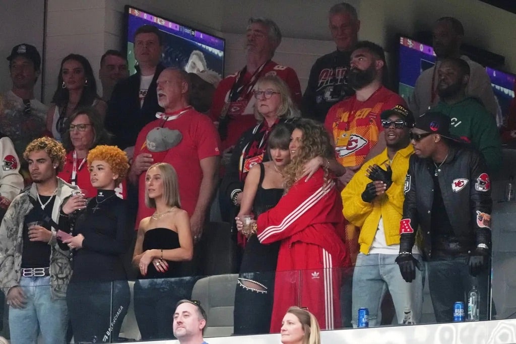 Recording artist Taylor Swift before Super Bowl LVIII between the San Francisco 49ers and the Kansas City Chiefs at Allegiant Stadium.