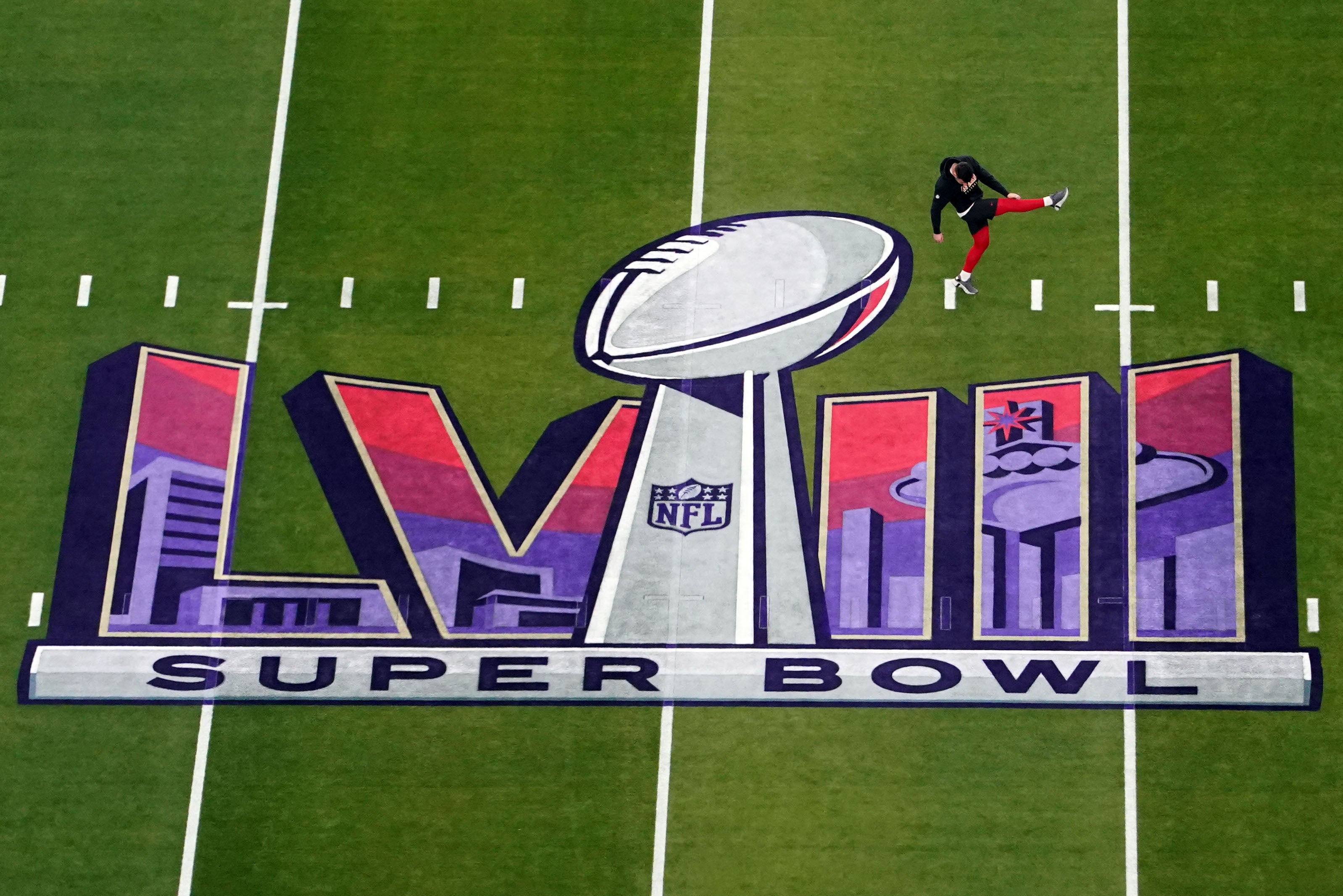 Feb 11, 2024; Paradise, Nevada, USA; San Francisco 49ers place kicker Jake Moody (4) practices before Super Bowl LVIII against the Kansas City Chiefs at Allegiant Stadium.