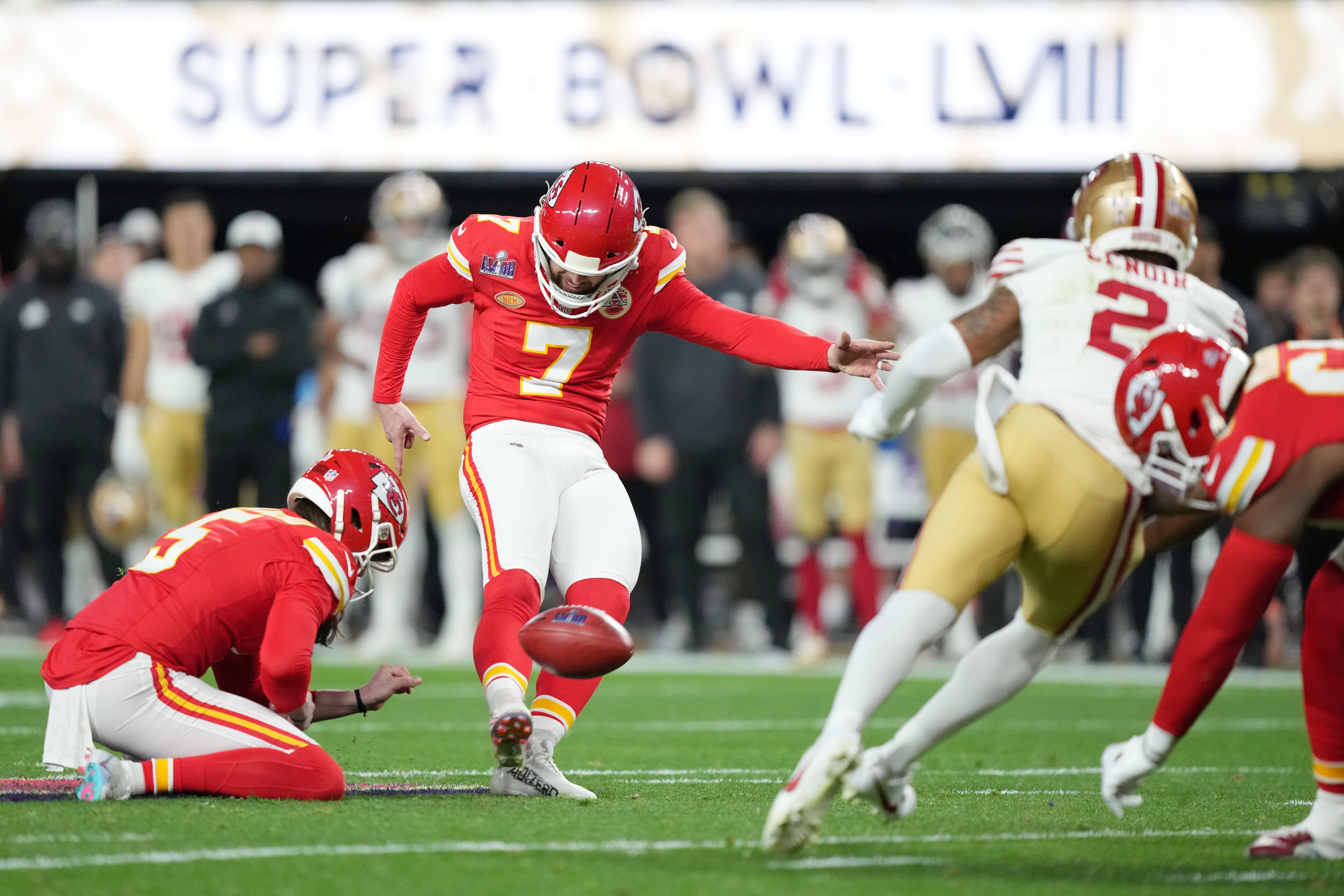 Feb 11, 2024; Paradise, Nevada, USA; Kansas City Chiefs place kicker Harrison Butker (7) kicks a field goal against the San Francisco 49ers during the second quarter of Super Bowl LVIII at Allegiant Stadium.