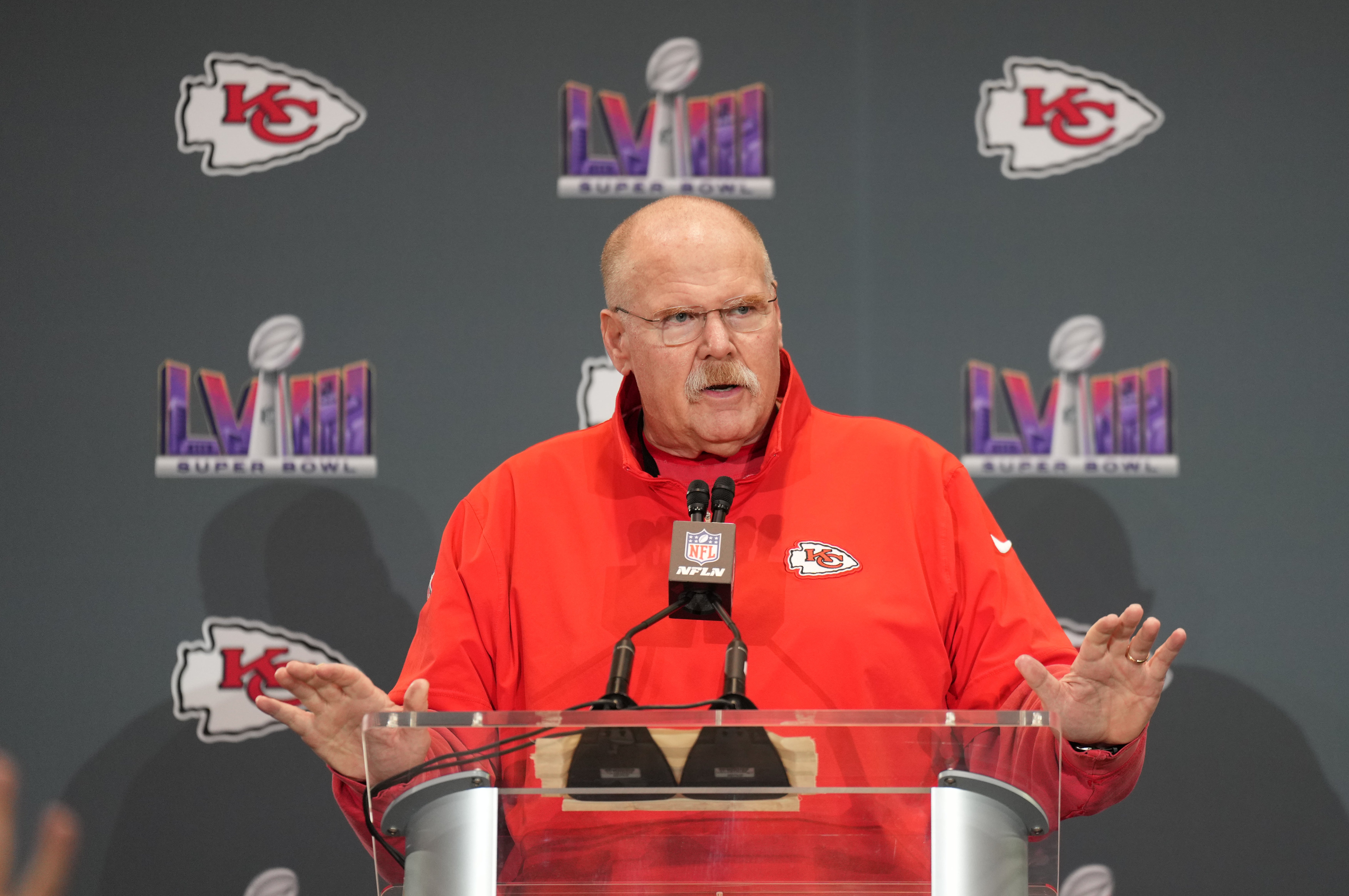 Feb 8, 2024; Las Vegas, NV, USA; Kansas City Chiefs head coach Andy Reid during a press conference before Super Bowl LVIII at Westin Lake Las Vegas Resort and Spa.