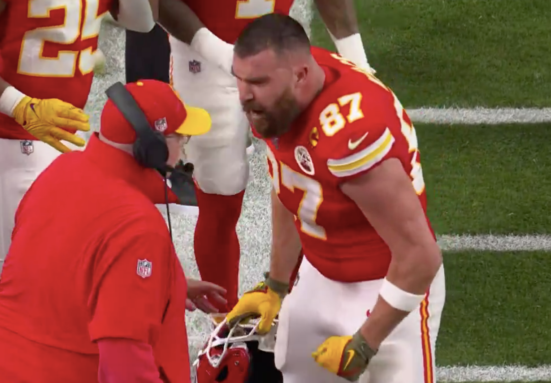 Kansas City Chiefs tight end Travis Kelce gets angry with head coach Andy Reid during Super Bowl LVIII.