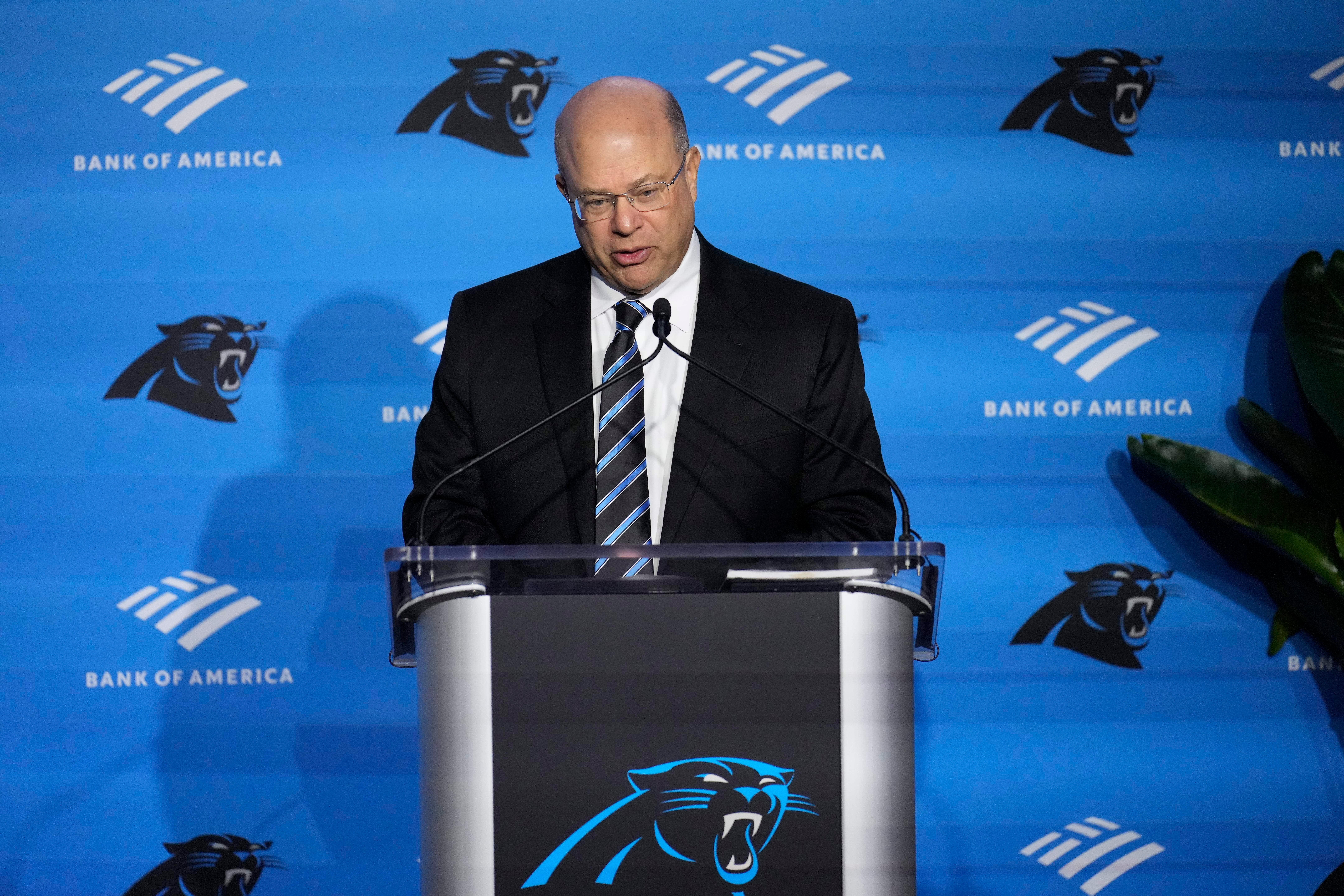 Feb 1, 2024; Charlotte, NC, USA; Carolina Panthers team owner Dave Tepper speaks during the introductory press conference for new general manager Dan Morgan and head coach Dave Canales at Bank of America Stadium. Mandatory Credit: Jim Dedmon-USA TODAY Sports
