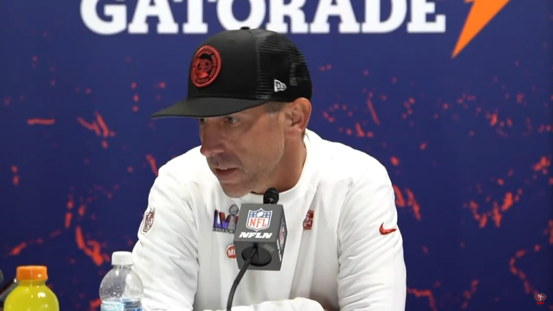 San Francisco 49ers head coach Kyle Shanahan talks to the media following Super Bowl LVIII loss to the Kansas City Chiefs.