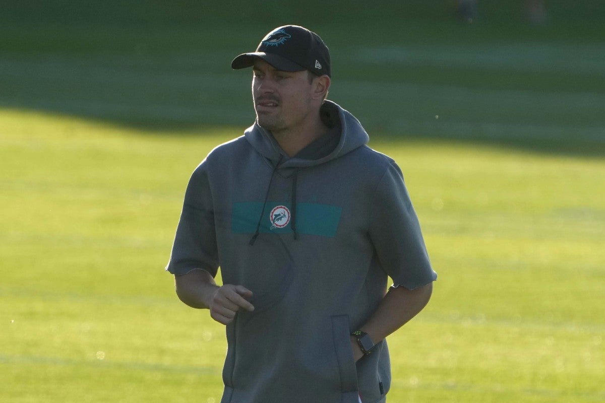 Oct 15, 2021; Ware, United Kingdom; Miami Dolphins quality control coach Jordan Salkin during practice at Hanbury Marriott Manor and Country Club. Mandatory Credit: Kirby Lee-USA TODAY Sports