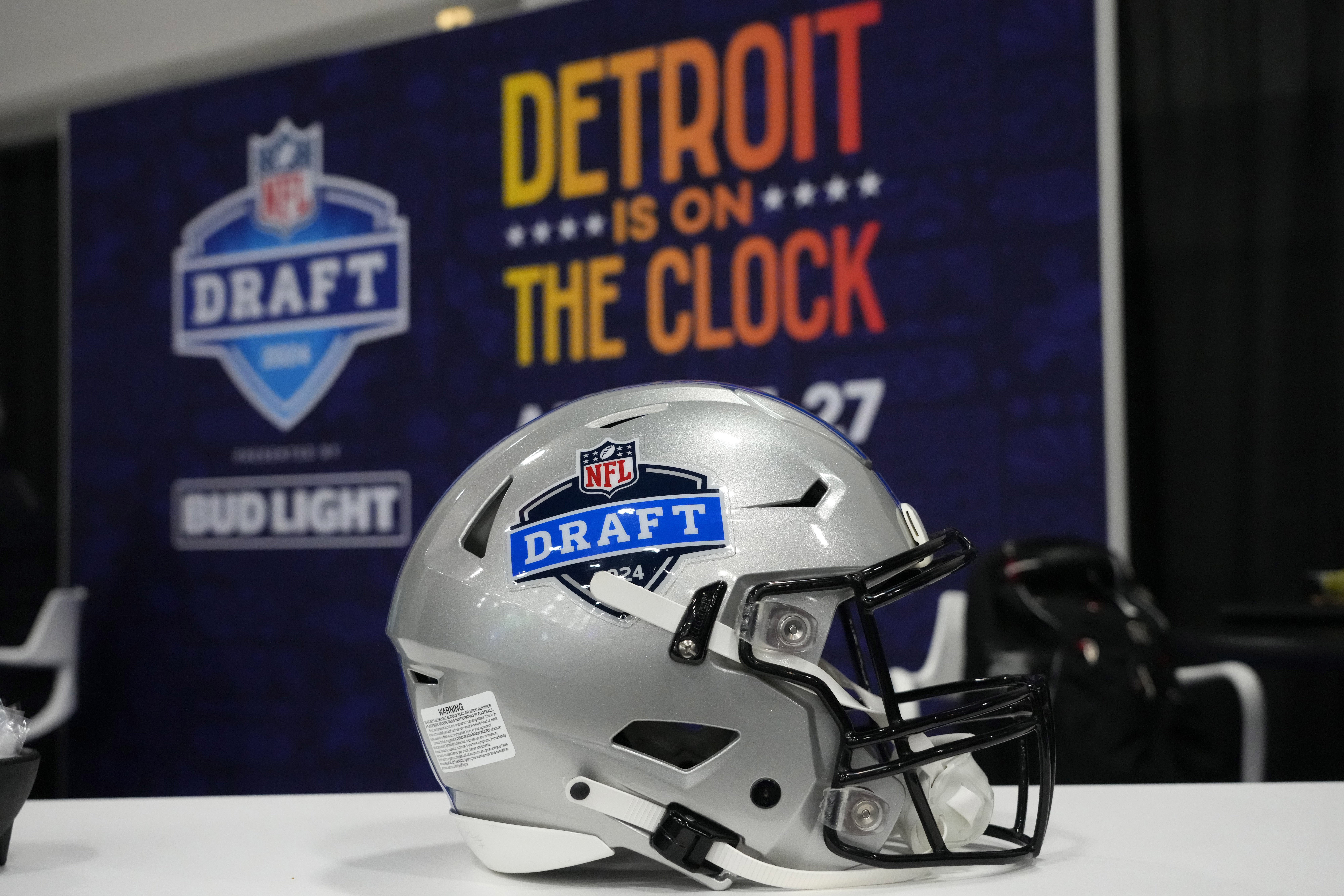 Feb 5, 2024; Las Vegas, NV, USA; A helmet with the 2024 NFL Draft in Detroit logo at the Super Bowl 58 media center at the Mandalay Bay resort and casino.