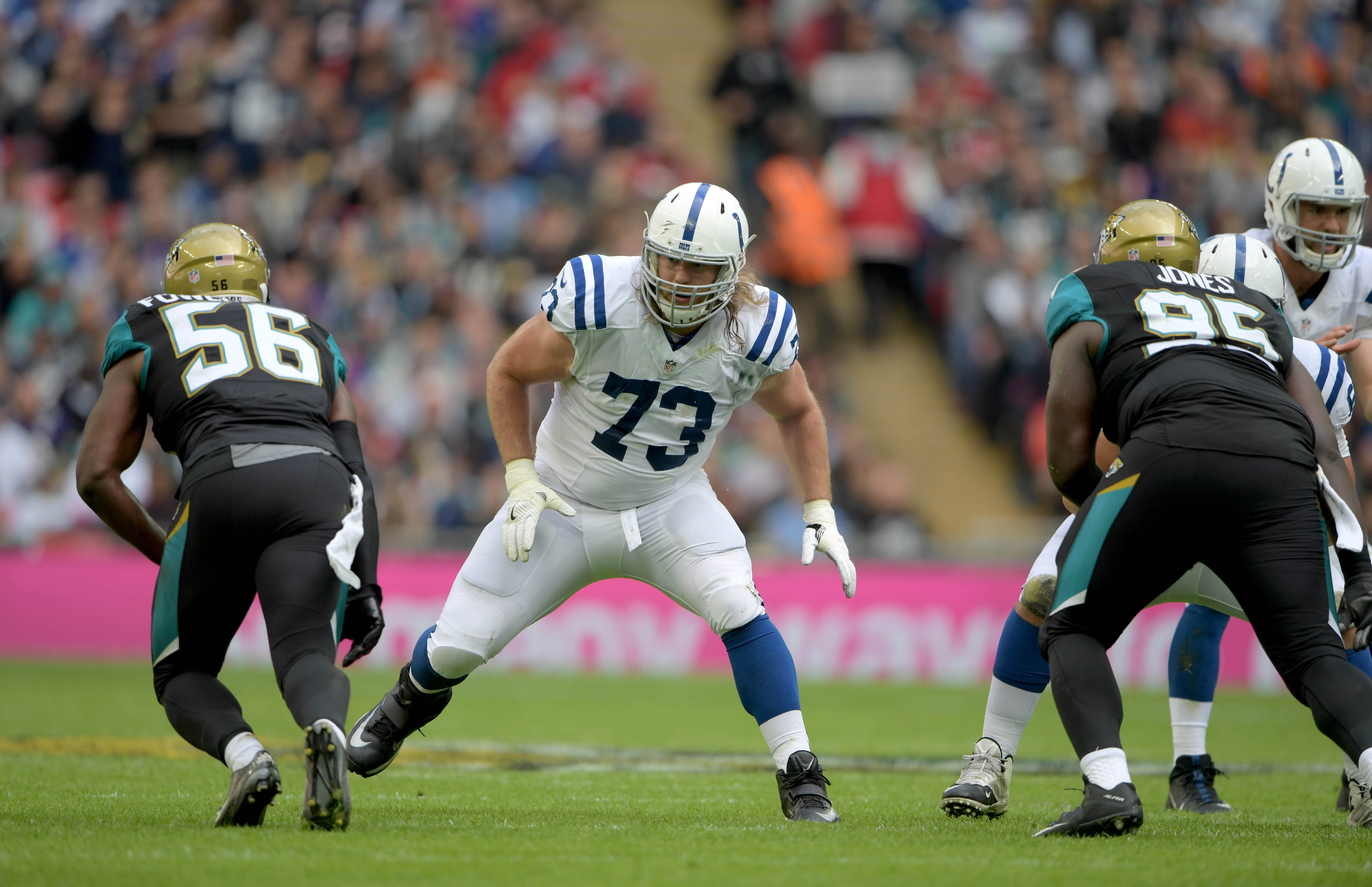 Oct 2, 2016; London, United Kingdom; Indianapolis Colts offensive tackle Joe Haeg (73) defends against Jacksonville Jaguars defensive end Dante Fowler (56) and defensive tackle Abry Jones (95) during game 15 of the NFL International Series at Wembley Stadium. The Jaguars defeated the Colts 30-27.