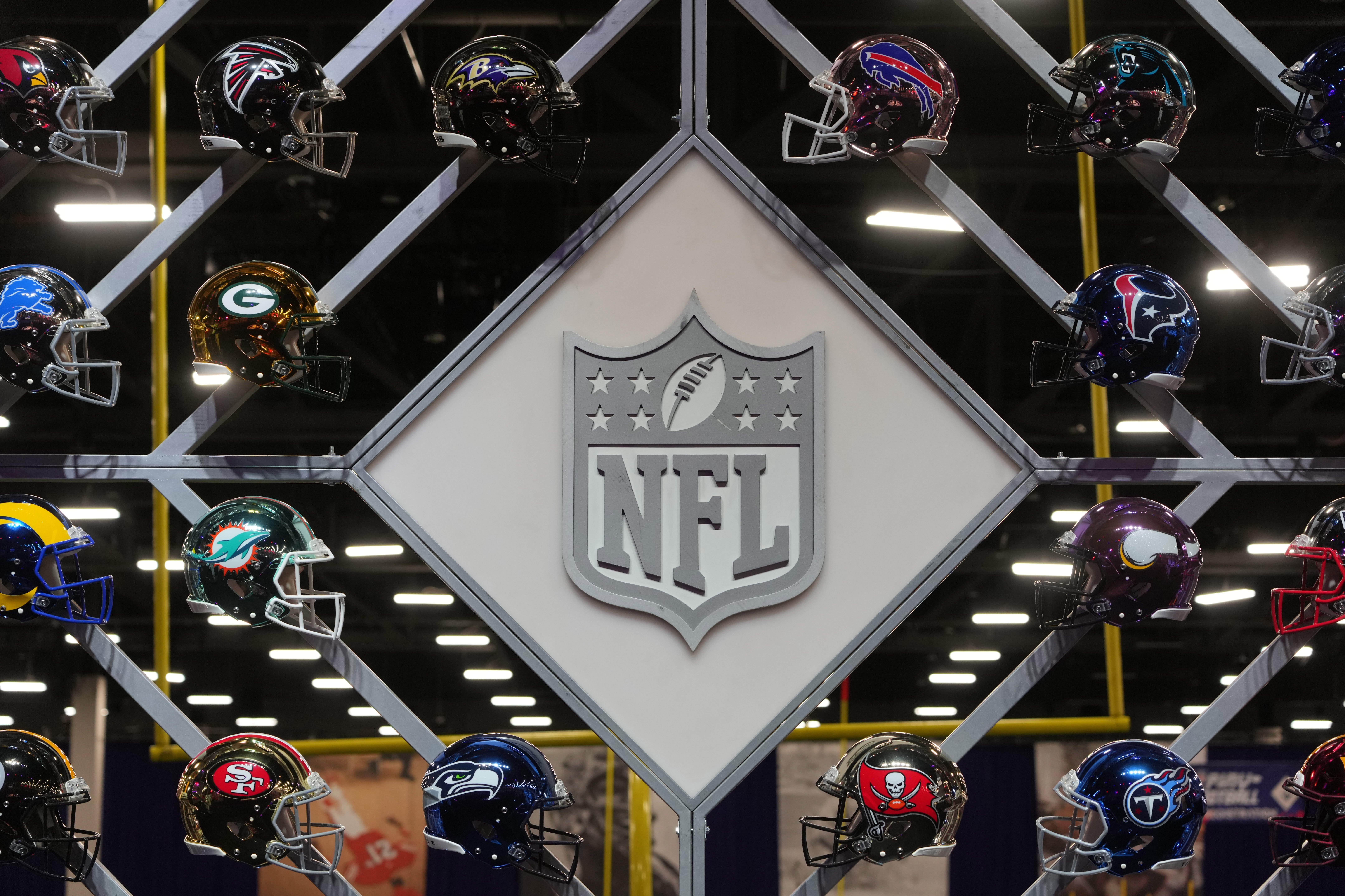Feb 9, 2024; Las Vegas, NV, USA; A NFL shield logo at the NFL Experience at the Mandalay Bay North Convention Center.