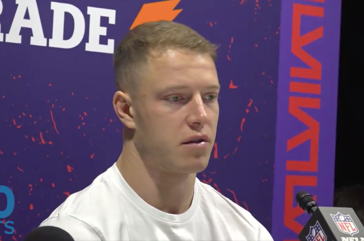 San Francisco 49ers running back Christian McCaffrey talks to reports following Super Bowl LVII loss to Kansas City Chiefs.