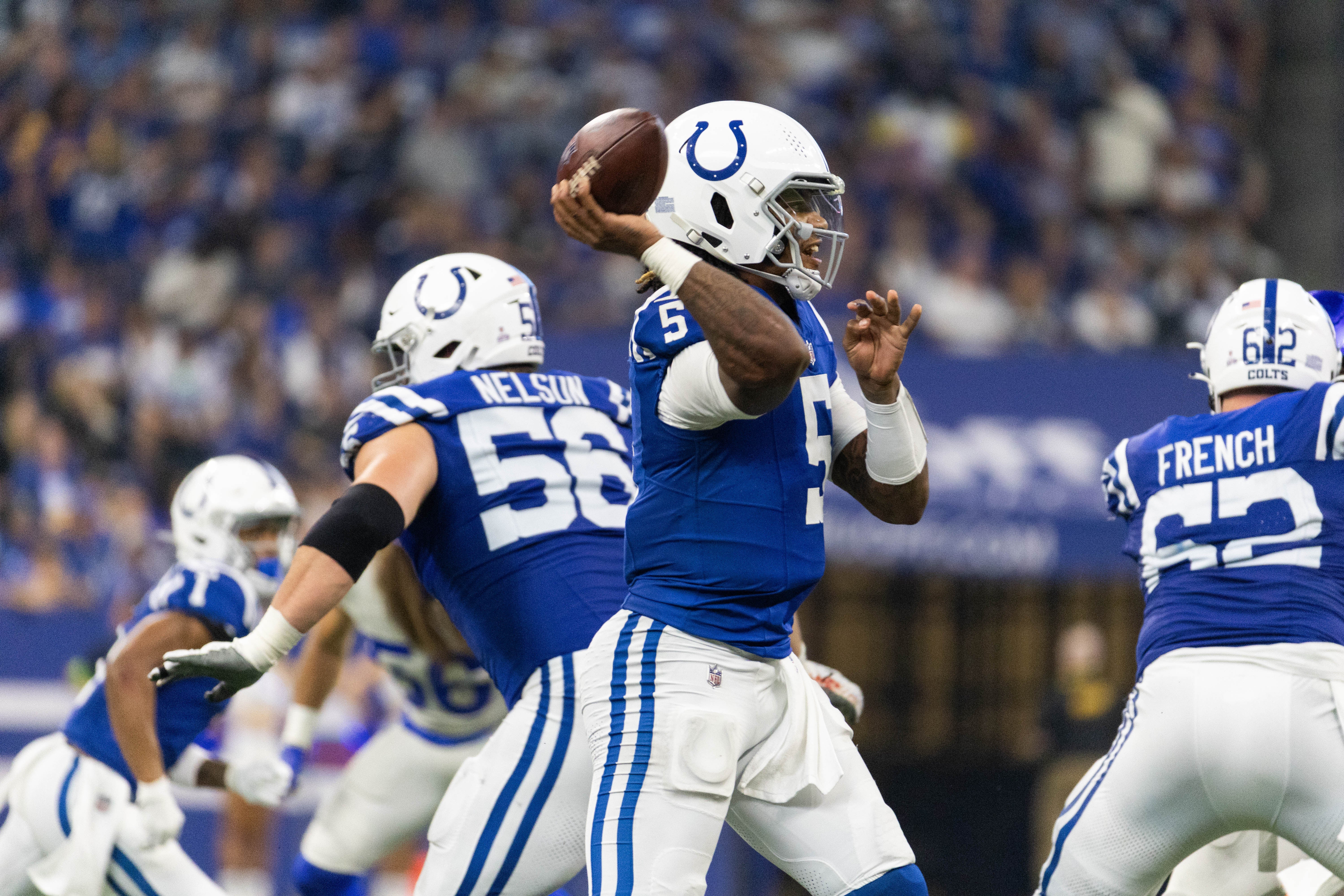 Oct 1, 2023; Indianapolis, Indiana, USA; Indianapolis Colts quarterback Anthony Richardson (5) passes the ball in the second half against the Los Angeles Rams at Lucas Oil Stadium.