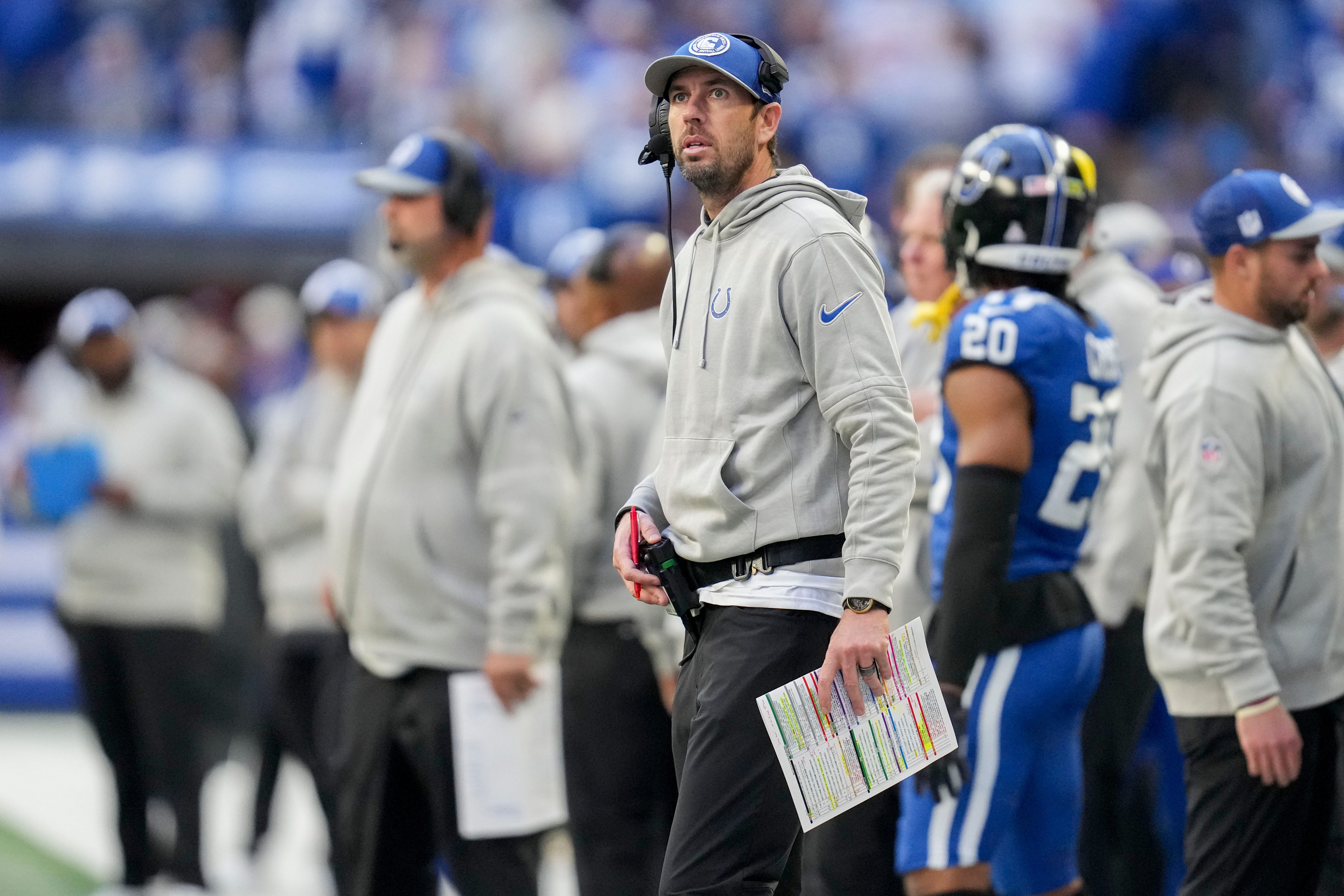 Indianapolis Colts head coach Shane Steichen watches the action on the field Sunday, Oct. 22, 2023, during a game against the Cleveland Browns at Lucas Oil Stadium in Indianapolis.