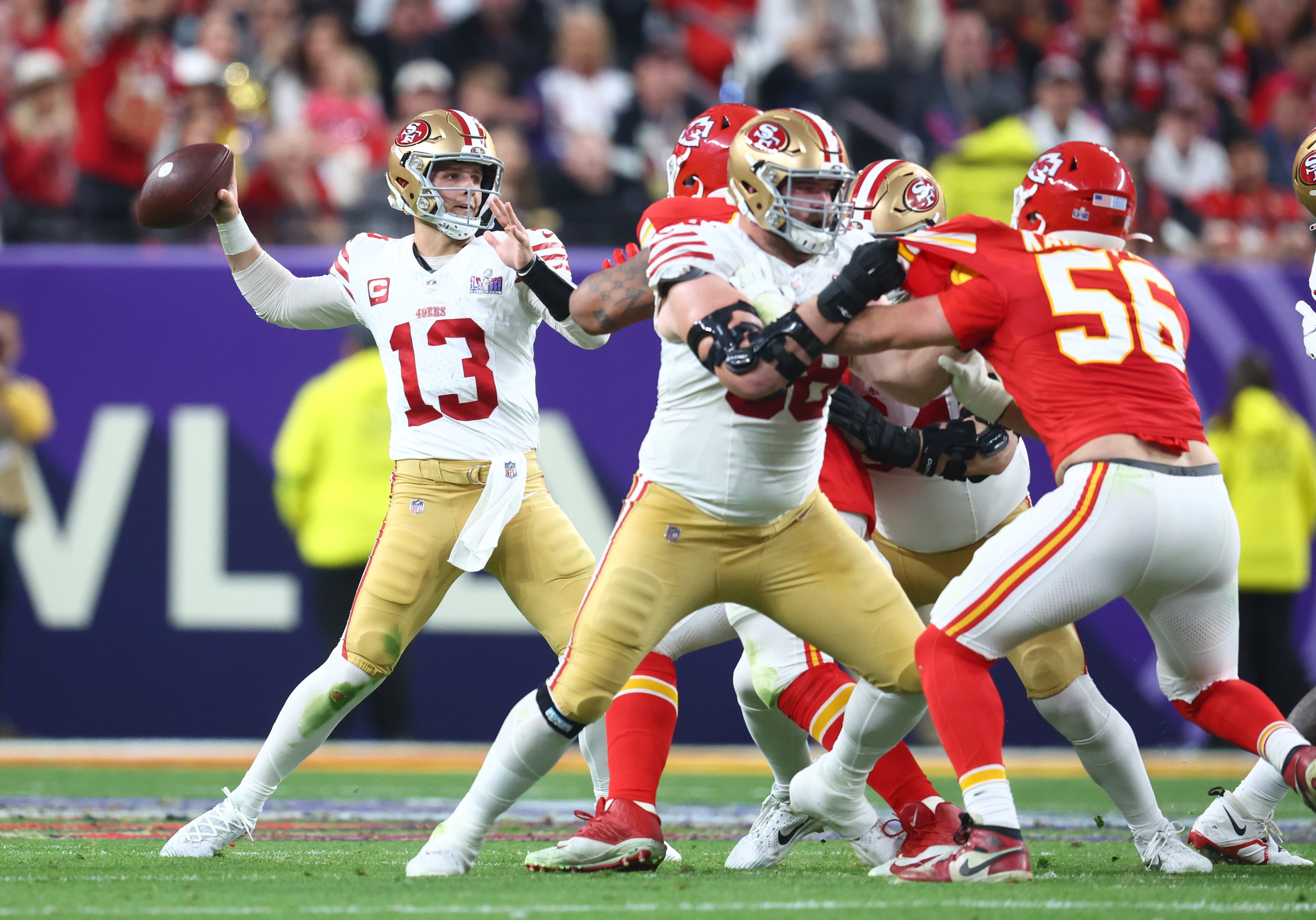 Feb 11, 2024; Paradise, Nevada, USA; San Francisco 49ers quarterback Brock Purdy (13) throws a pass against the Kansas City Chiefs in the first half in Super Bowl LVIII at Allegiant Stadium.