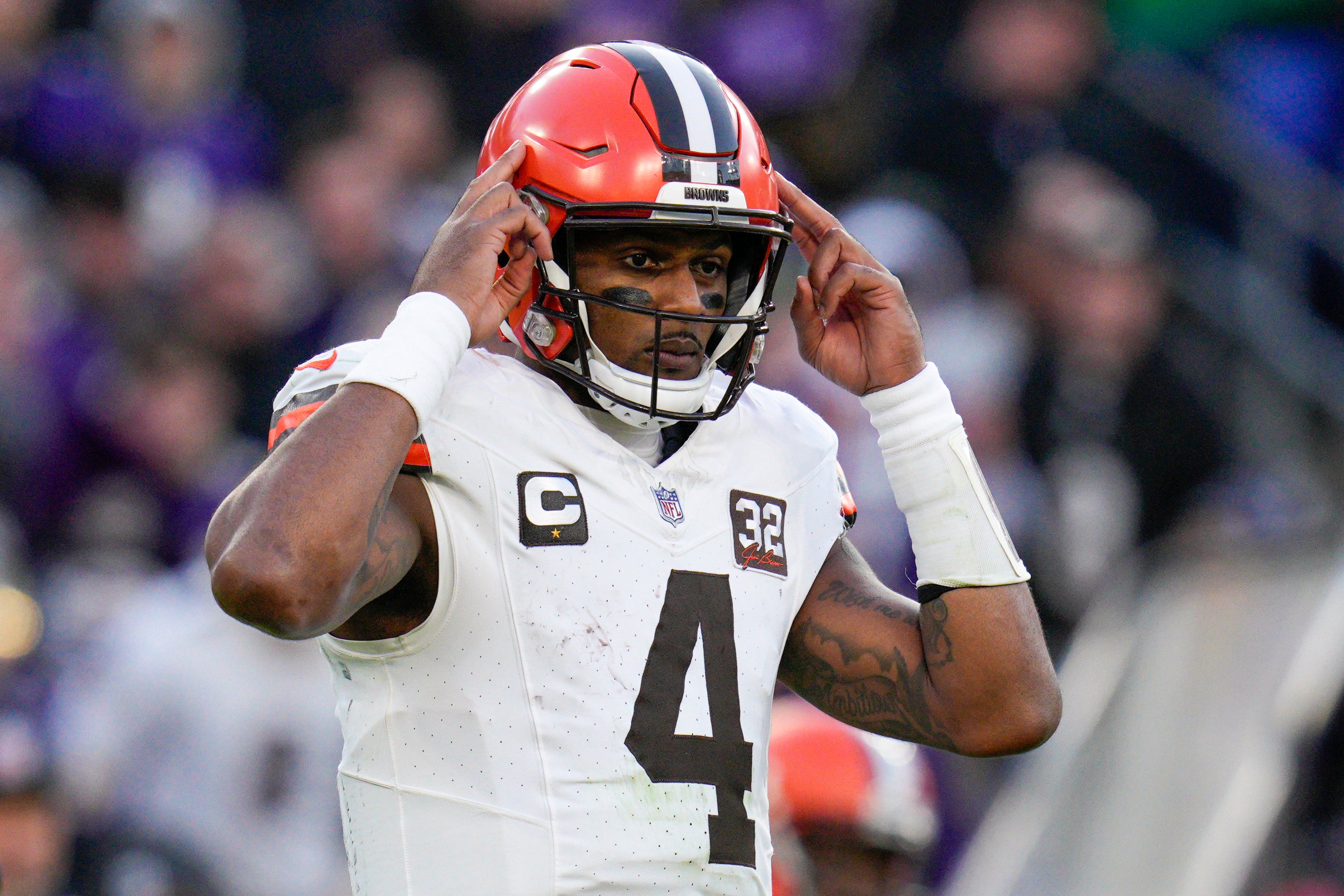 Nov 12, 2023; Baltimore, Maryland, USA; Cleveland Browns quarterback Deshaun Watson (4) calls out to teammates before the snap against the Baltimore Ravens during the second half at M&T Bank Stadium. Mandatory Credit: Jessica Rapfogel-USA TODAY Sports