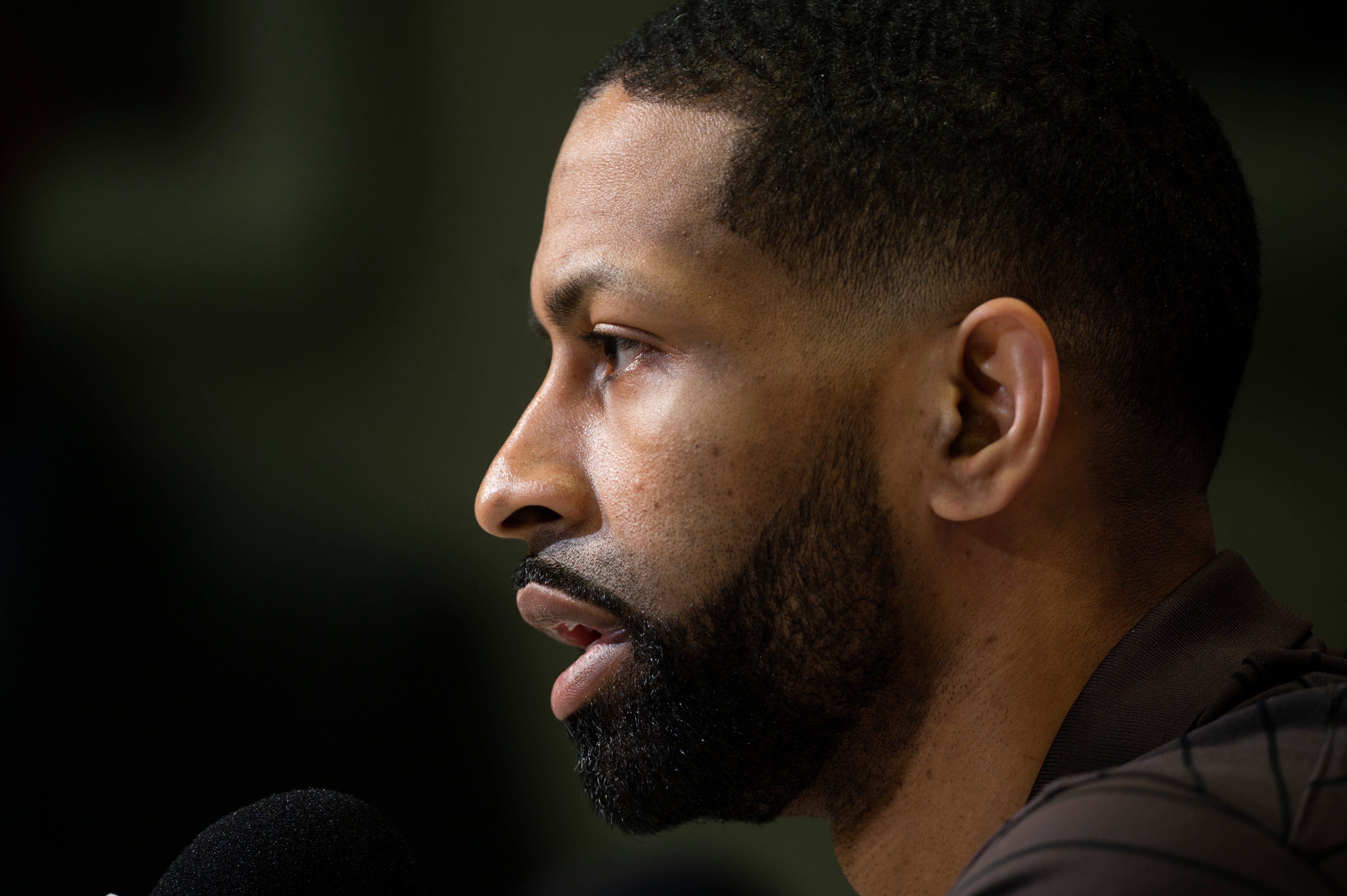 Mar 25, 2022; Berea, OH, USA; Cleveland Browns general manager Andrew Berry talks with the media during a press conference to introduce new quarterback Deshaun Watson at the CrossCountry Mortgage Campus. Mandatory Credit: Ken Blaze-USA TODAY Sports