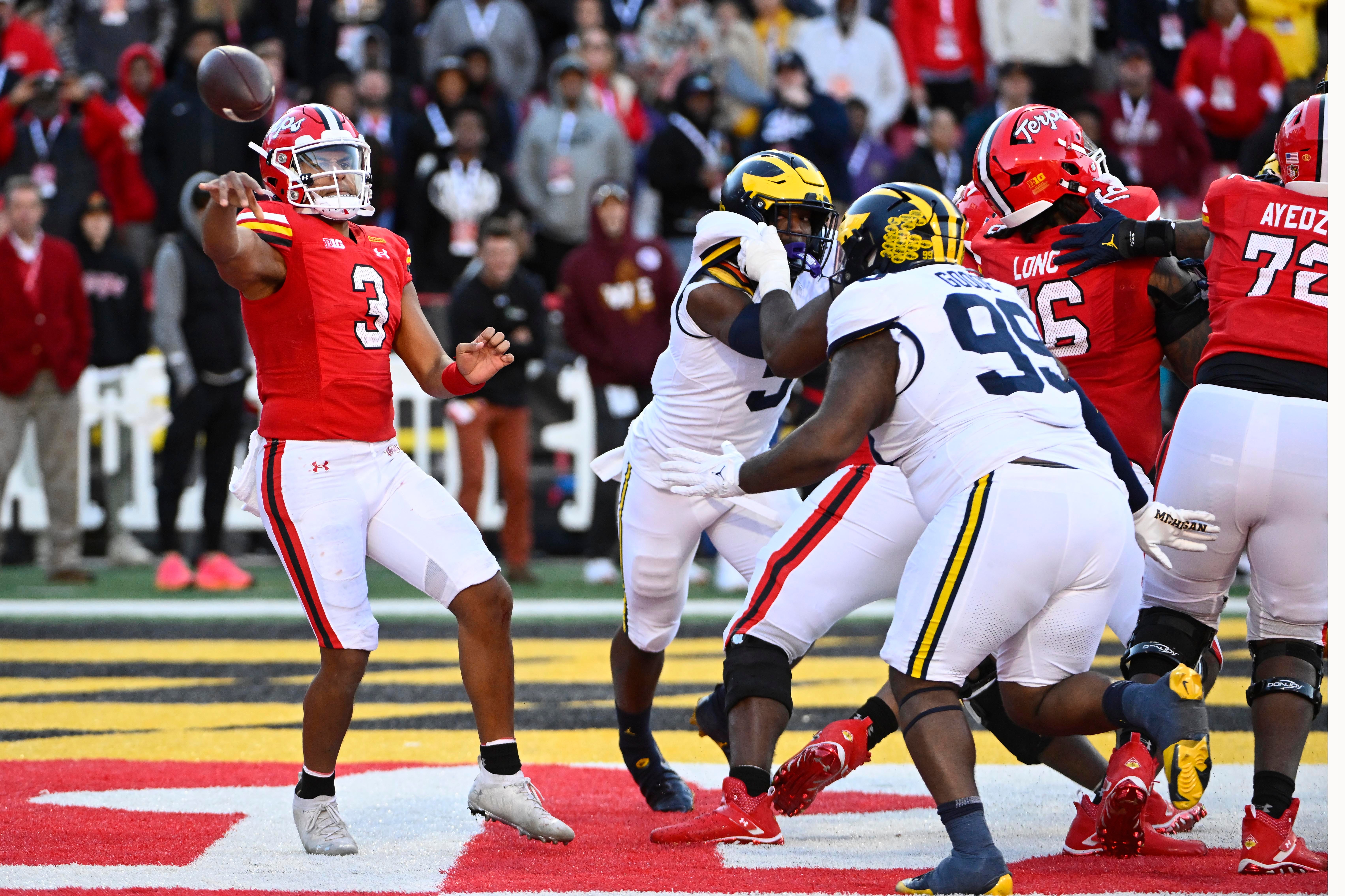 Nov 18, 2023; College Park, Maryland, USA; Maryland Terrapins quarterback Taulia Tagovailoa (3) intentionally grounds the ball resulting in a safety against the Michigan Wolverines during the second half at SECU Stadium.