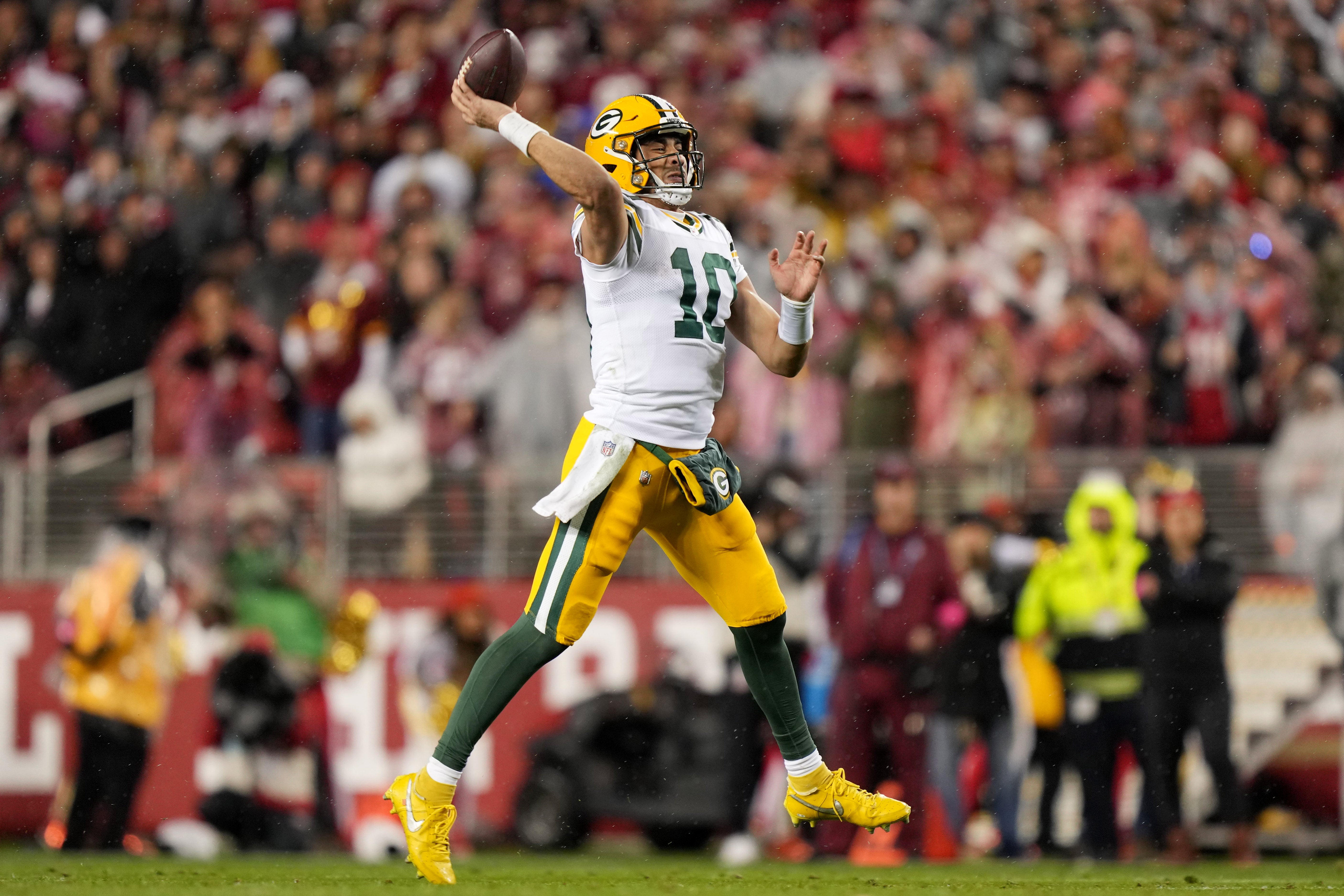 January 20, 2024; Santa Clara, CA, USA; Green Bay Packers quarterback Jordan Love (10) throws a pass against the San Francisco 49ers during the second quarter in a 2024 NFC divisional round game at Levi's Stadium.