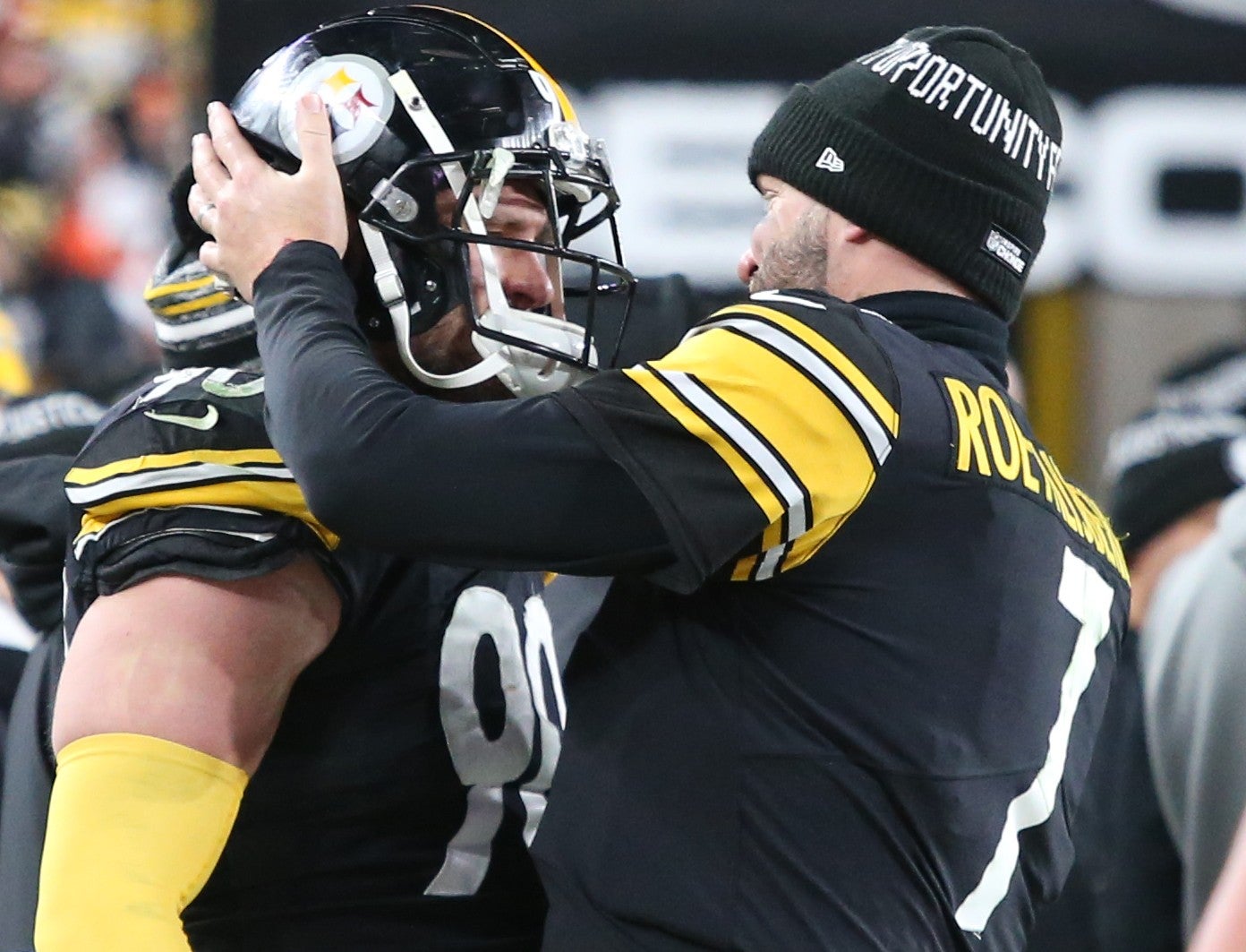Jan 3, 2022; Pittsburgh, Pennsylvania, USA; Pittsburgh Steelers quarterback Ben Roethlisberger (7) talks with outside linebacker T.J. Watt (90) on the sidelines against the Cleveland Browns during the fourth quarter at Heinz Field. The Steelers won 26-14. Mandatory Credit: Charles LeClaire-USA TODAY Sports