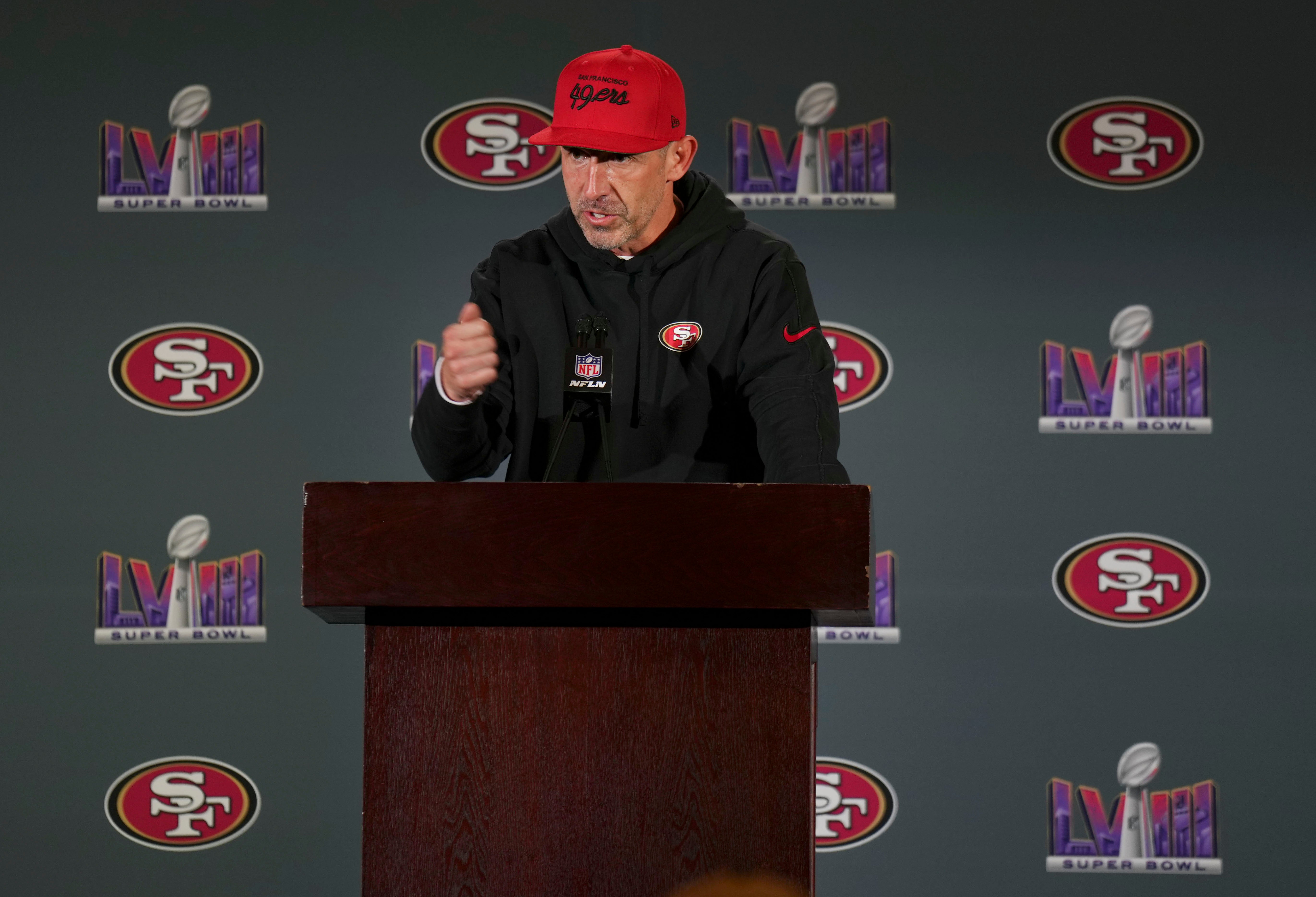 Feb 7, 2024; Las Vegas, NV, USA; San Francisco 49ers head coach Kyle Shanahan speaks during a press conference before Super Bowl LVIII at Hilton Lake Las Vegas Resort and Spa.