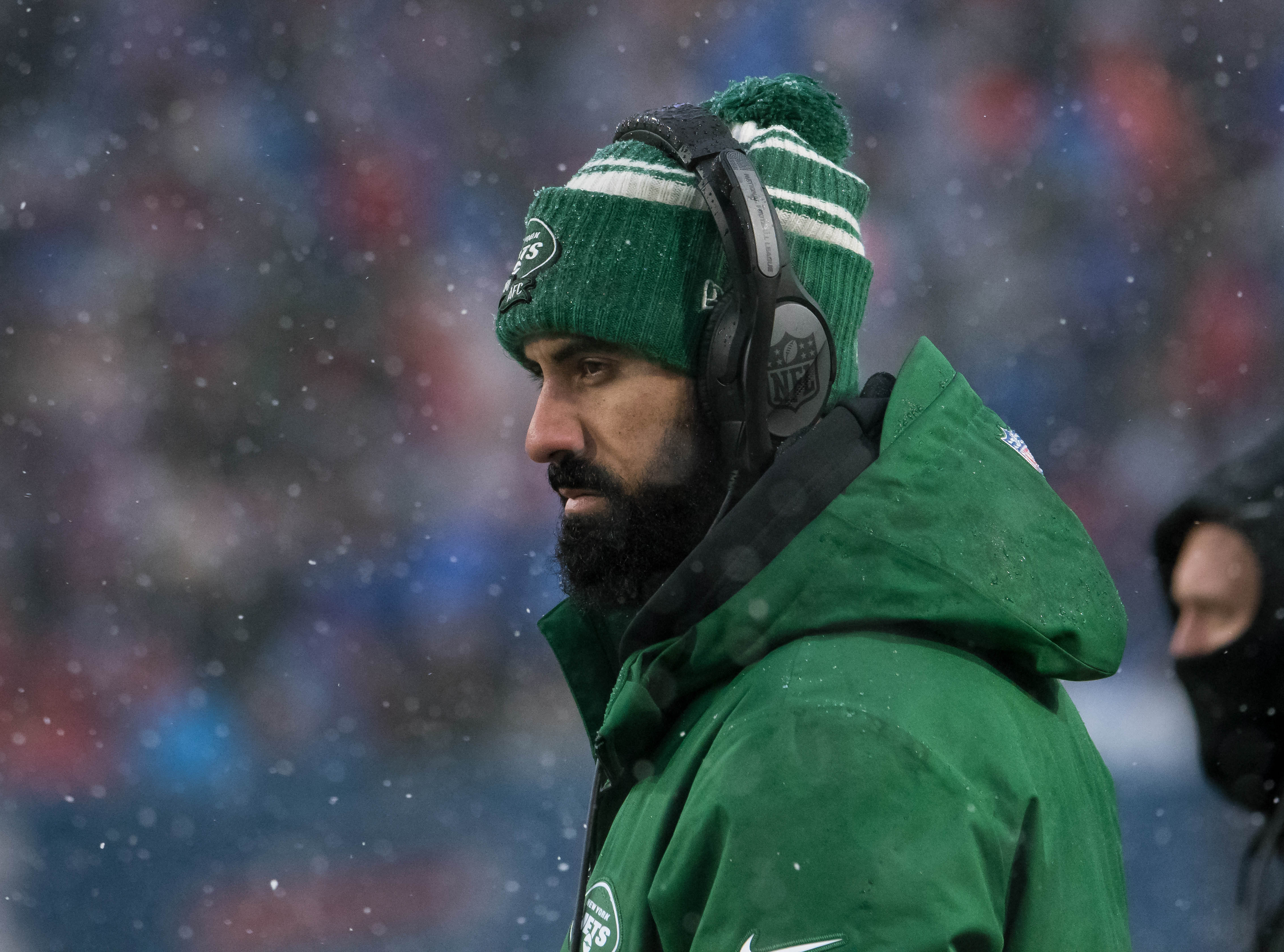 Dec 11, 2022; Orchard Park, New York, USA; New York Jets running backs coach Taylor Embree on the sideline in a game against the Buffalo Bills at Highmark Stadium.