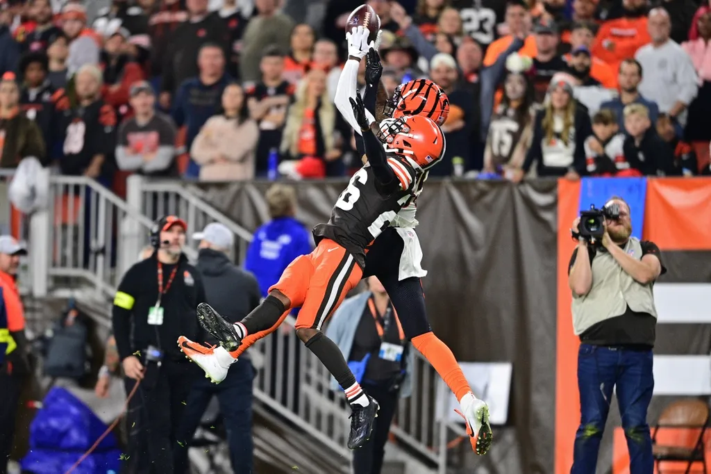 Cincinnati Bengals wide receiver Tee Higgins (85) catches a touchdown pass against Cleveland Browns cornerback Greg Newsome II (20) in the fourth quarter at FirstEnergy Stadium.