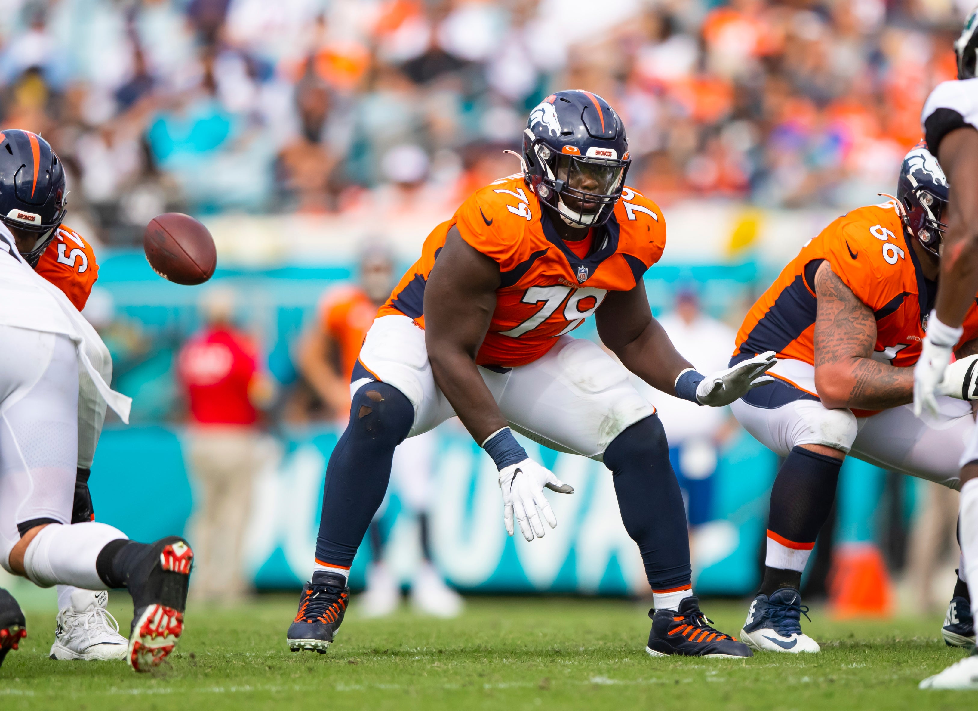 Sep 19, 2021; Jacksonville, Florida, USA; Denver Broncos center Lloyd Cushenberry III (79) against the Jacksonville Jaguars at TIAA Bank Field.