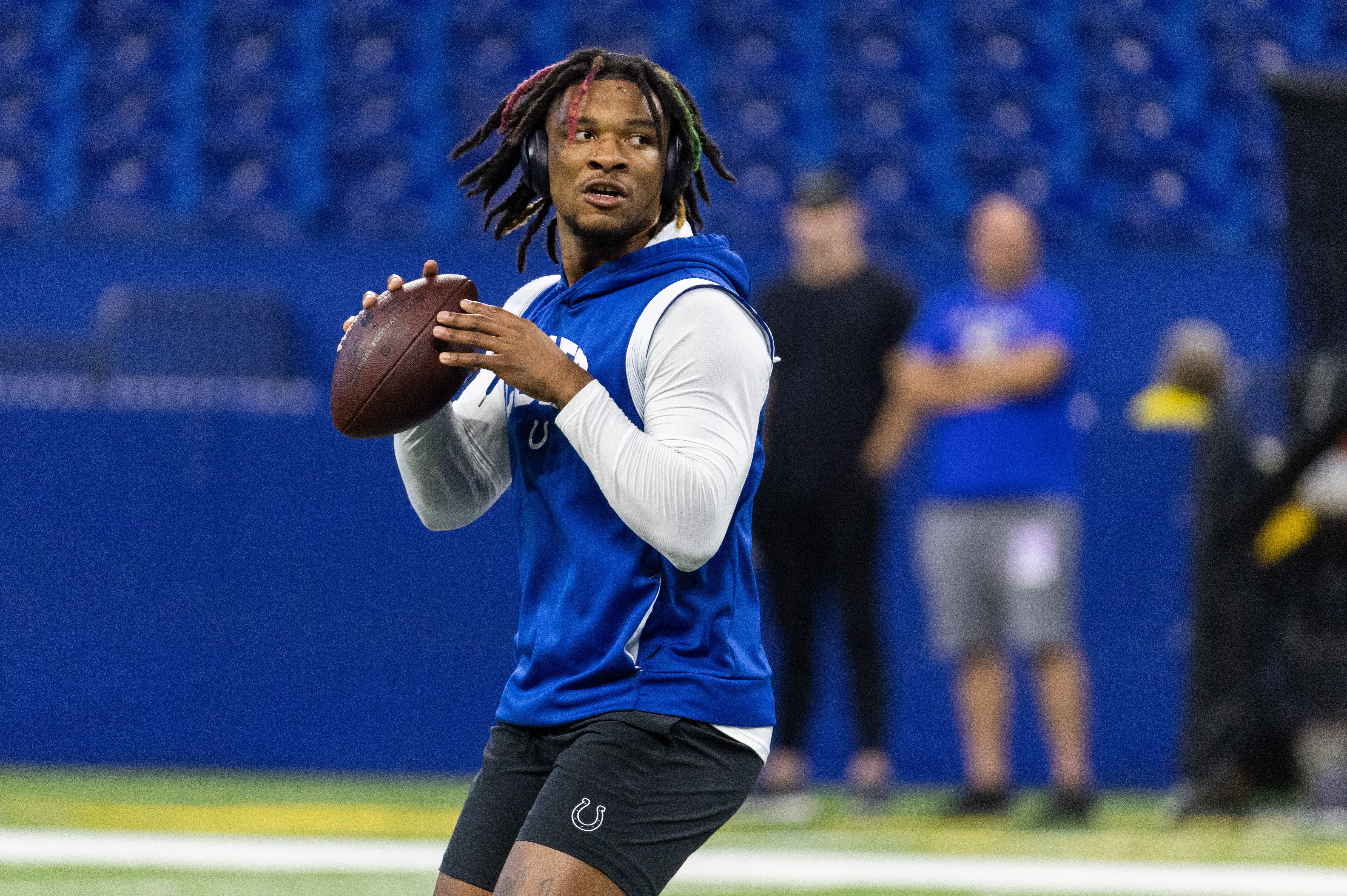 Oct 1, 2023; Indianapolis, Indiana, USA; Indianapolis Colts quarterback Anthony Richardson (5) warms up before the game against the Los Angeles Rams at Lucas Oil Stadium.