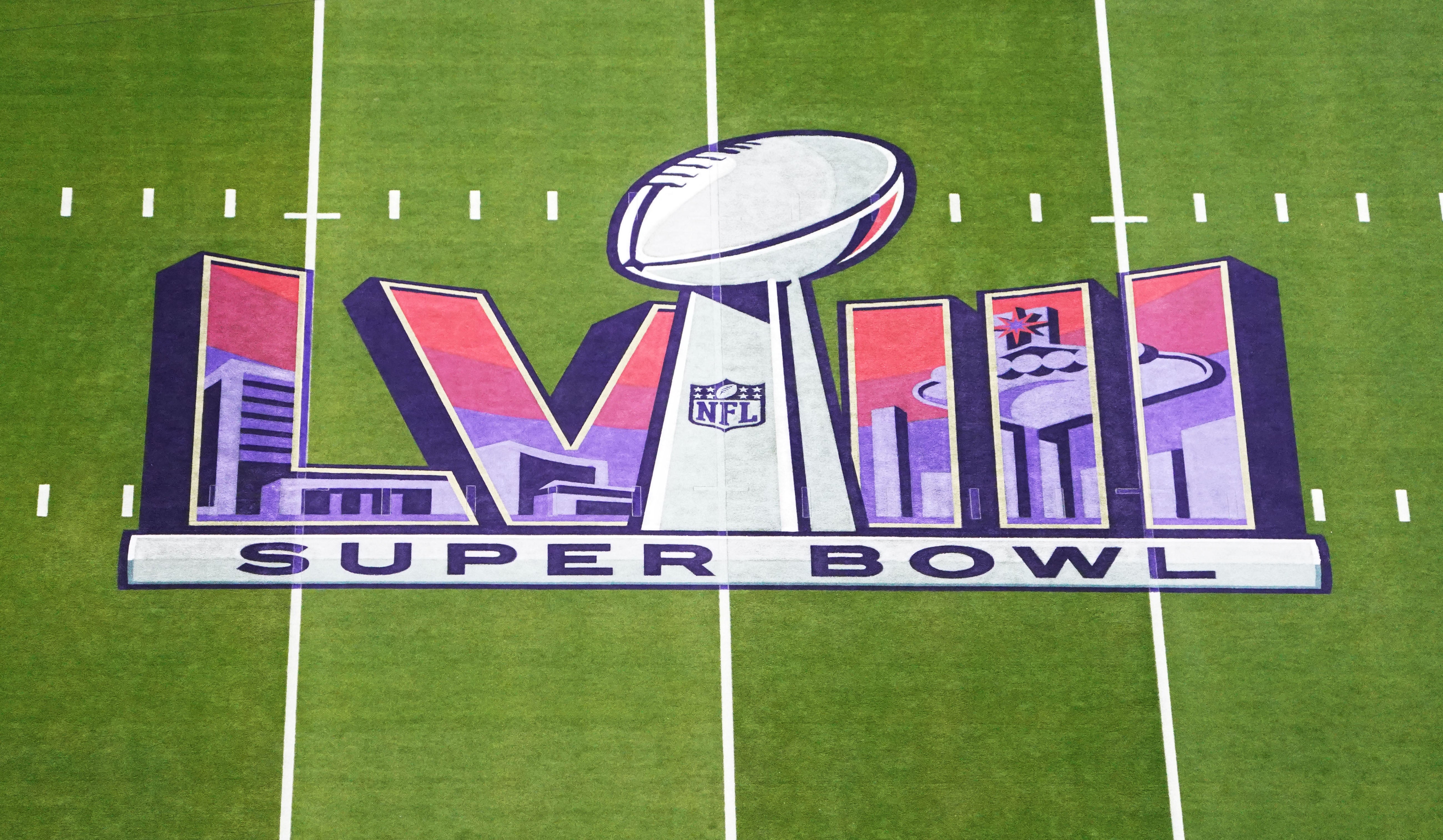 A general view of the Super Bowl LVIII logo on the field at Allegiant Stadium before Super Bowl LVIII between the Kansas City Chiefs and San Francisco 49ers. James Lang-USA TODAY Sports