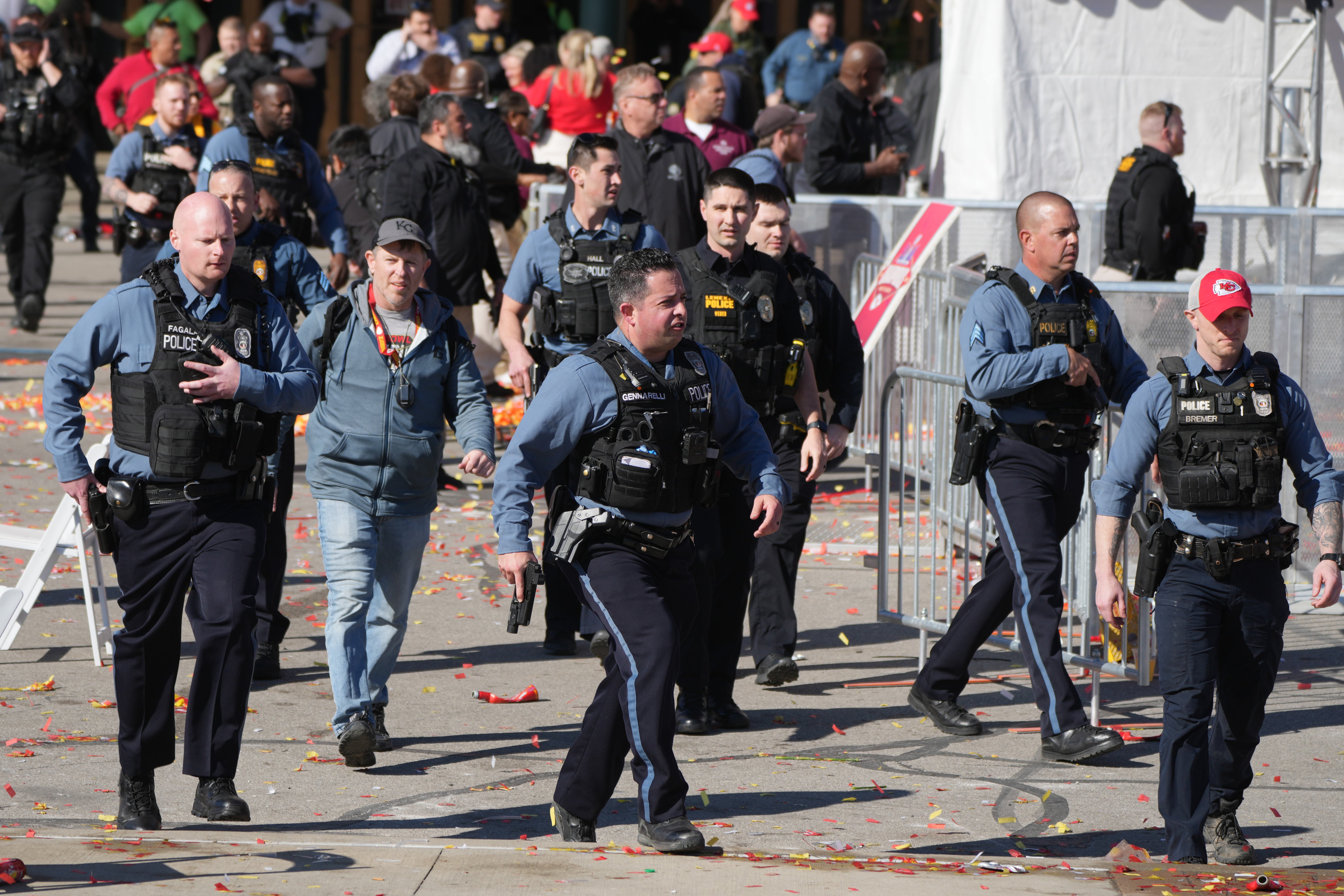Feb 14, 2024; Kansas City, MO, USA; Police respond after gun shots were fired after the celebration of the Kansas City Chiefs winning Super Bowl LVIII. Mandatory Credit: Kirby Lee-USA TODAY Sports