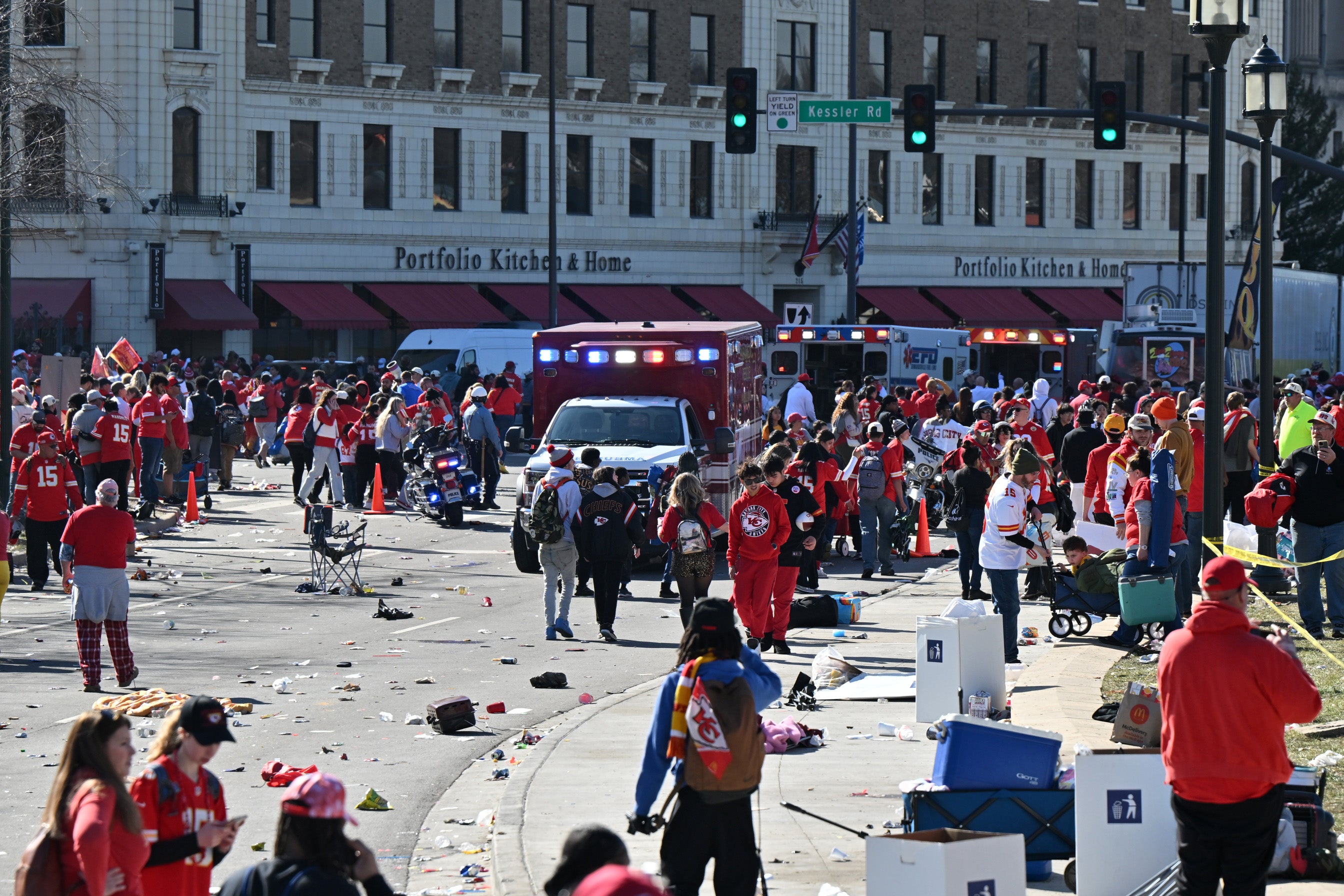 Feb 14, 2024; Kansas City, MO, USA; Fans leave the area after shots were fired after the celebration of the Kansas City Chiefs winning Super Bowl LVIII.