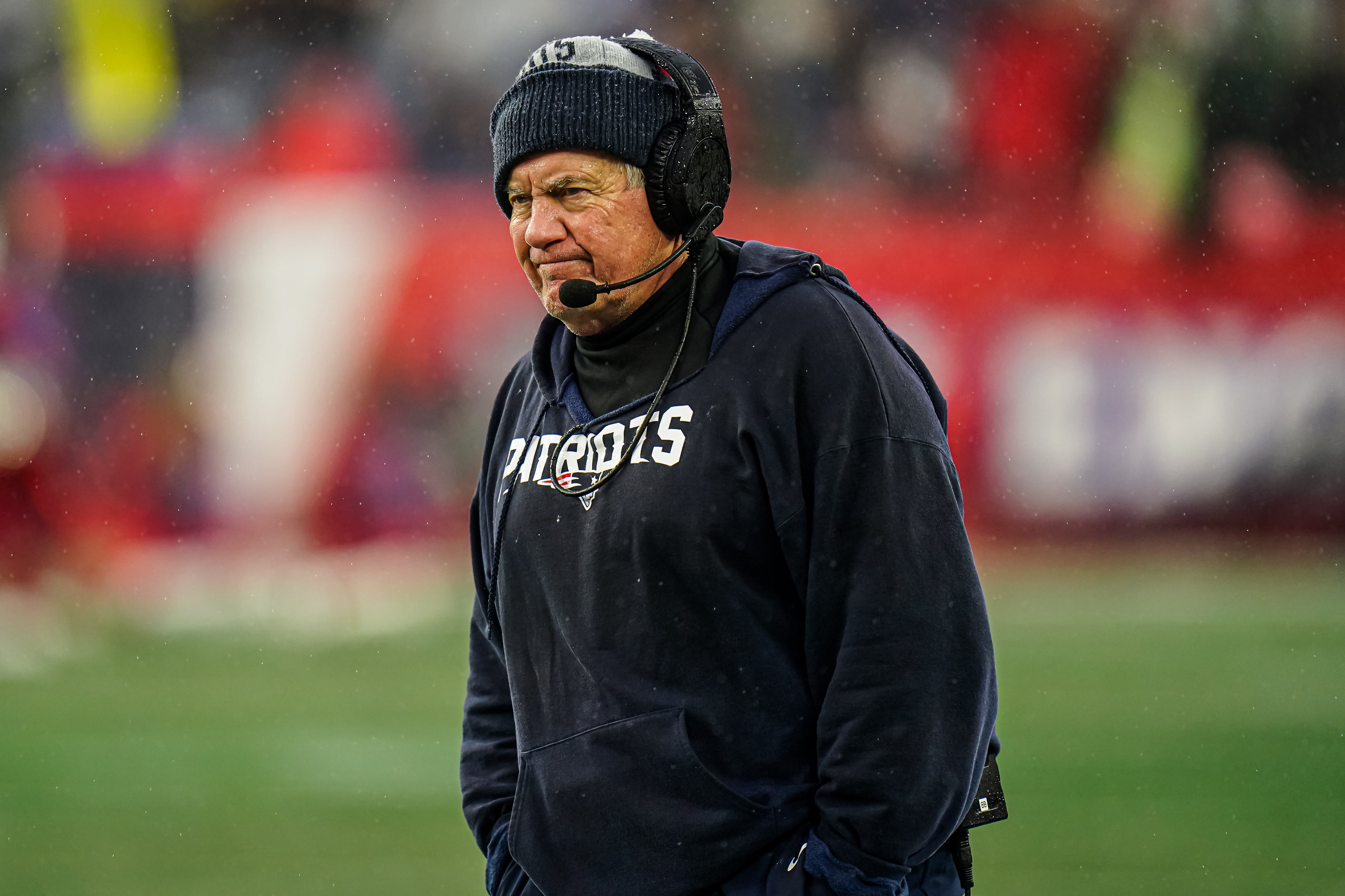 Dec 3, 2023; Foxborough, Massachusetts, USA; New England Patriots head coach Bill Belichick watches from the sideline as they take on the Los Angeles Chargers at Gillette Stadium.