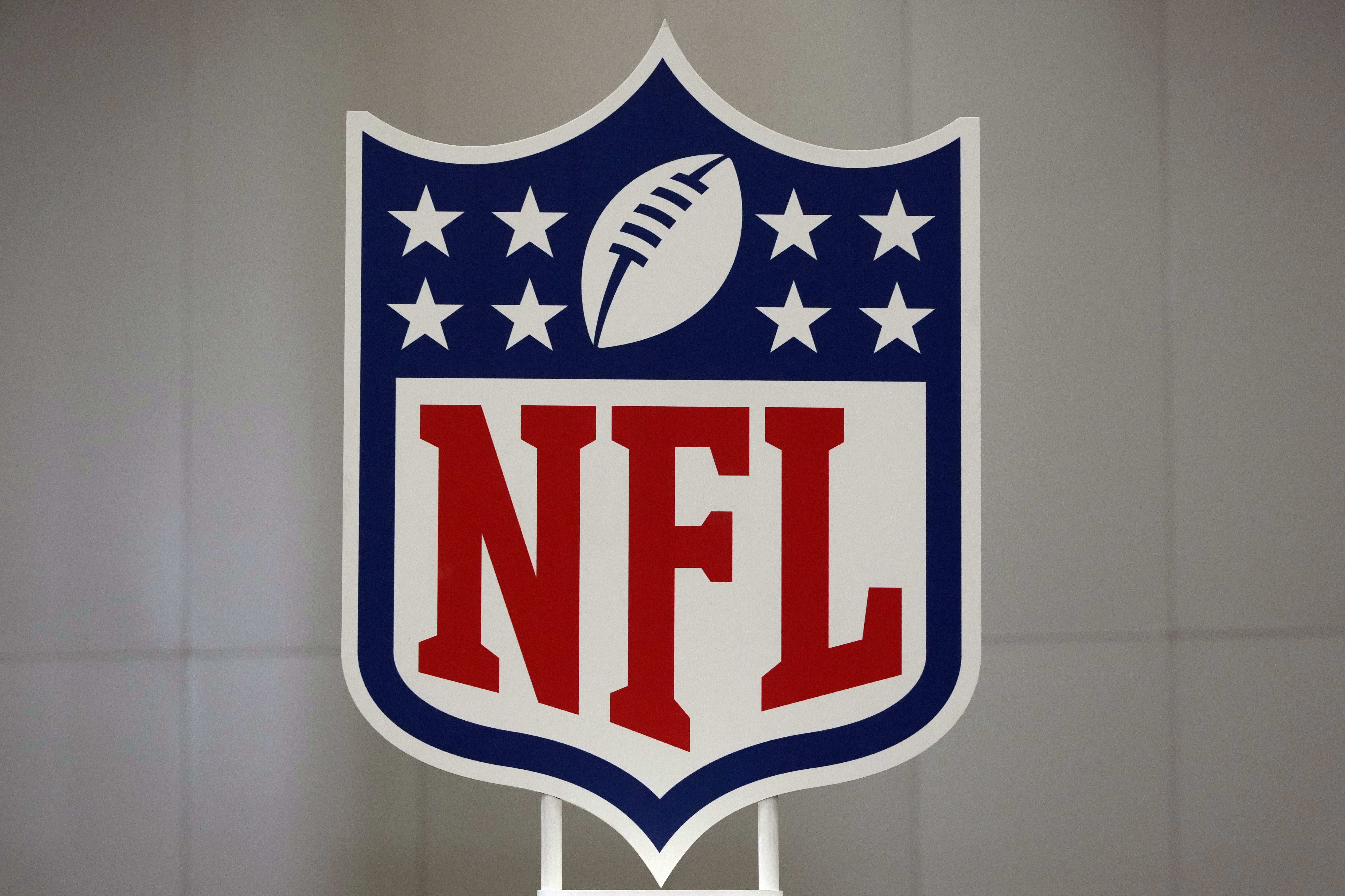 Feb 5, 2024; Las Vegas, NV, USA; A NFL shield logo at the Super Bowl 58 media center at the Mandalay Bay resort and casino. Mandatory Credit: Kirby Lee-USA TODAY Sports