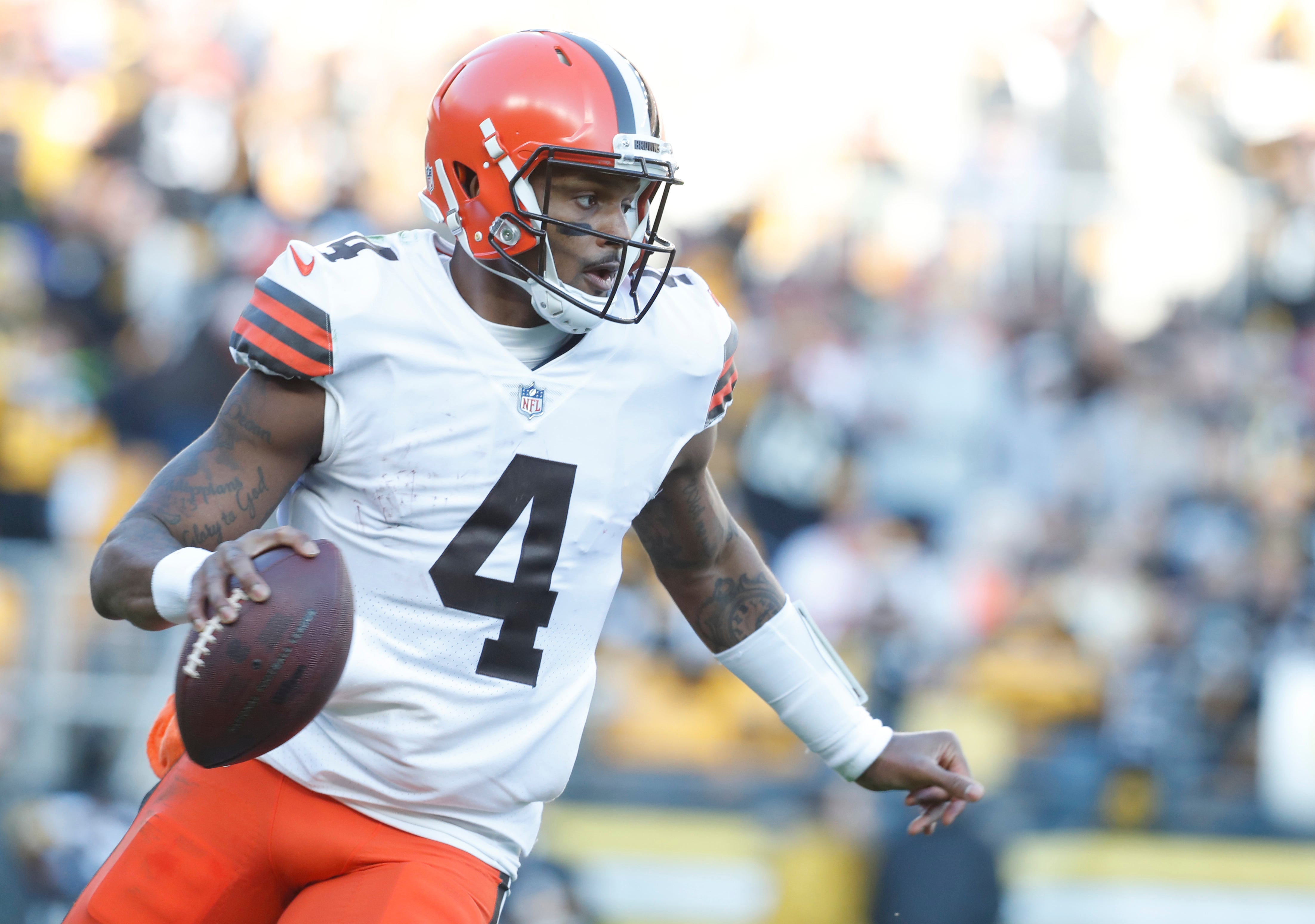 Jan 8, 2023; Pittsburgh, Pennsylvania, USA; Cleveland Browns quarterback Deshaun Watson (4) scrambles with the ball against the Pittsburgh Steelers during the third quarter at Acrisure Stadium. Pittsburgh won 28-14. Mandatory Credit: Charles LeClaire-USA TODAY Sports