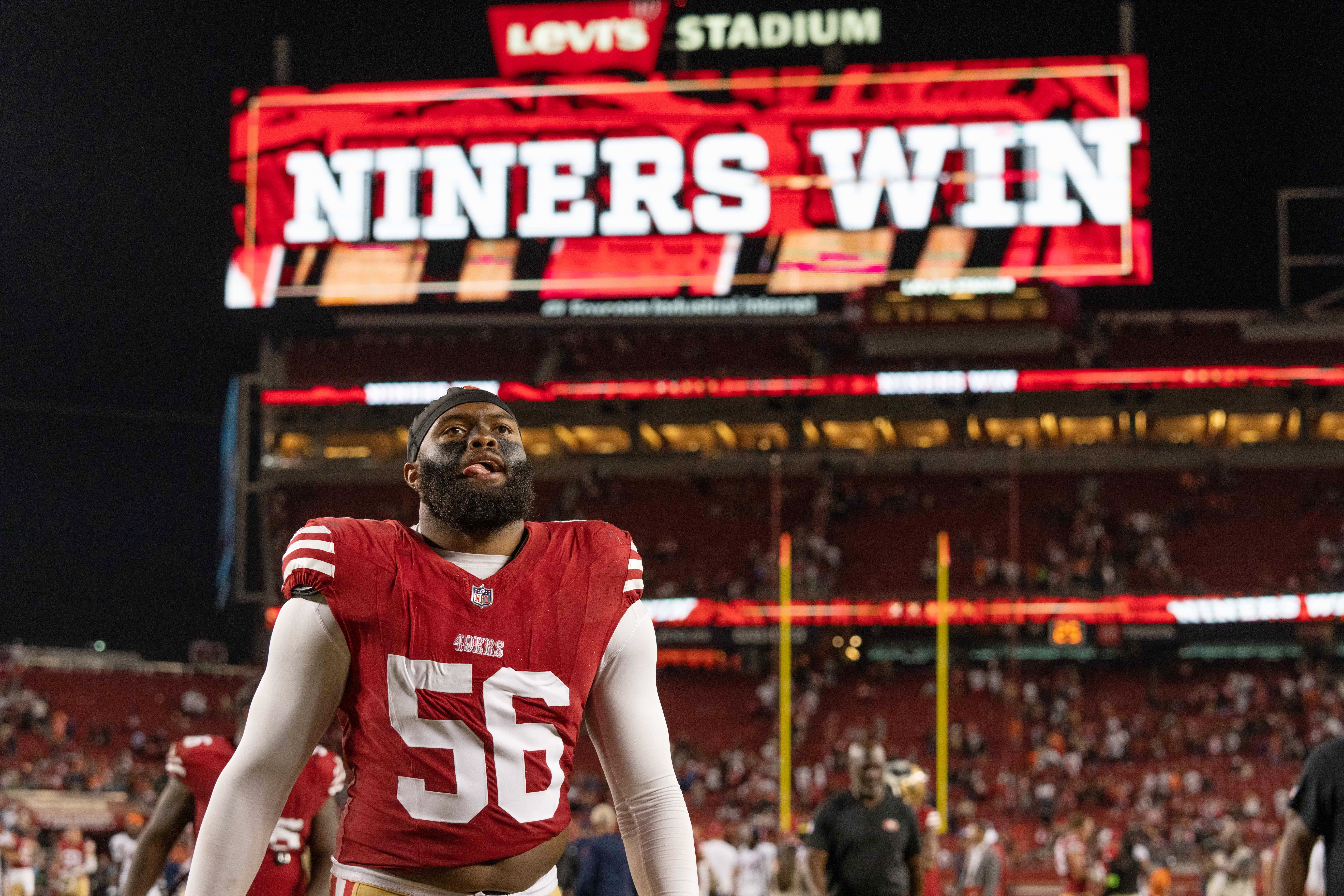 Aug 19, 2023; Santa Clara, California, USA; San Francisco 49ers defensive end Austin Bryant (56) walks off the field after defeating the Denver Broncos at Levi's Stadium.