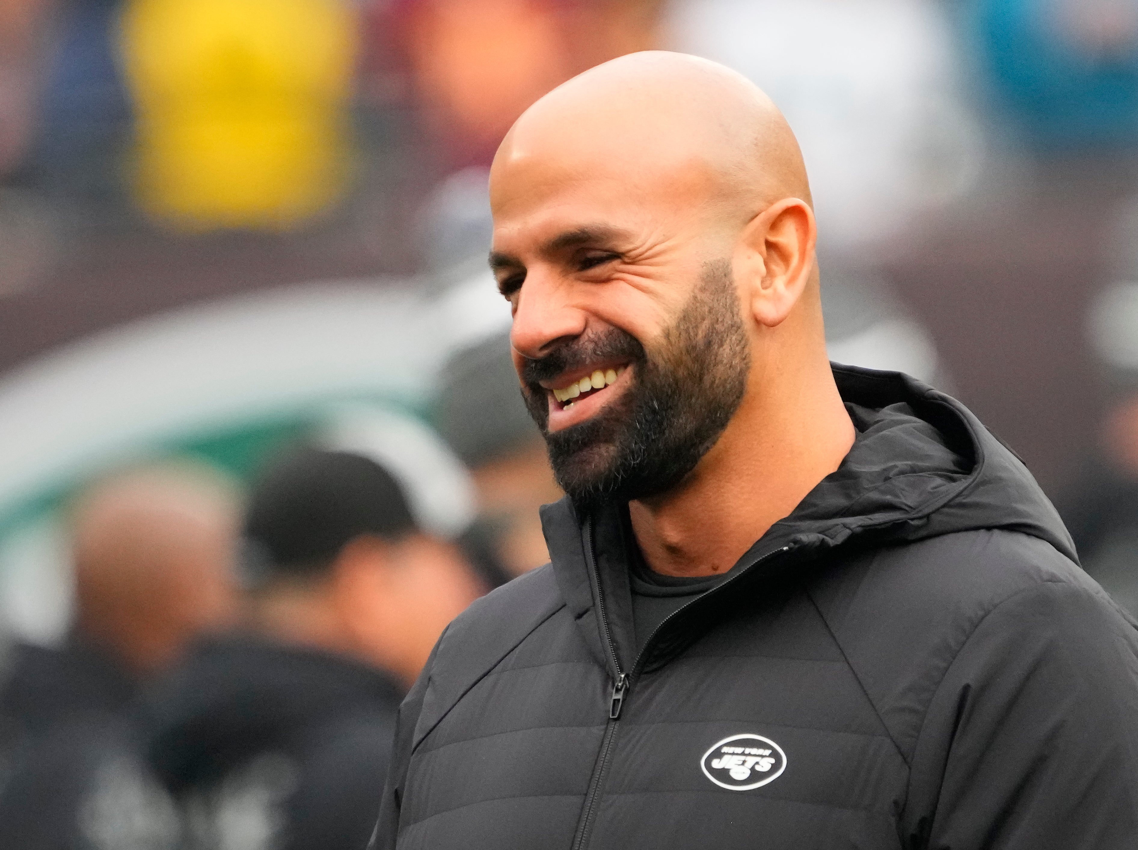 New York Jets head coach Robert Saleh pregame against the Washington Commanders at MetLife Stadium.