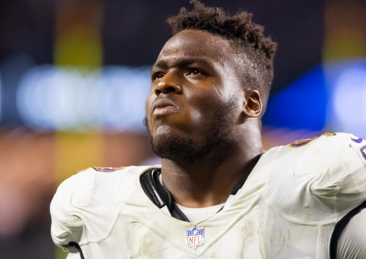 Sep 13, 2021; Paradise, Nevada, USA; Baltimore Ravens defensive tackle Justin Madubuike (92) against the Las Vegas Raiders during Monday Night Football at Allegiant Stadium. Mandatory Credit: Mark J. Rebilas-USA TODAY Sports