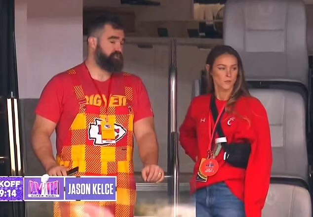 Jason and Kylie Kelce cheer on the Kansas City Chiefs in Super Bowl LVIII