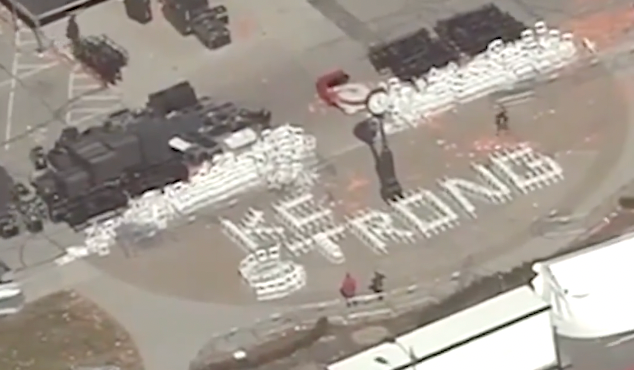 Police at the secured scene of Wednesday's Chiefs Super Bowl parade and rally shooting have used folding chairs left at Union Station to spell out a message of hope and support for Kansas City. (via KMBC)