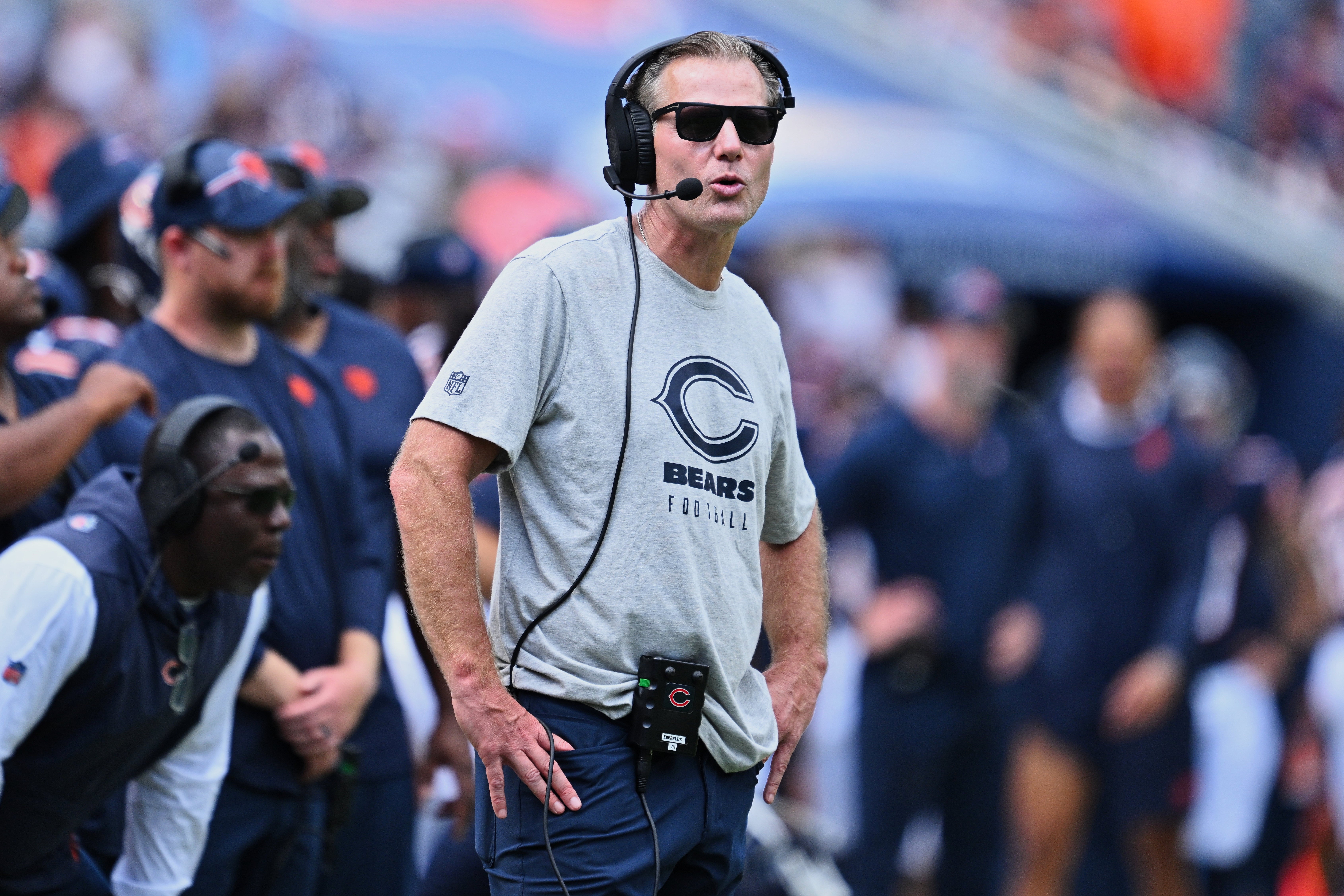 Aug 12, 2023; Chicago, Illinois, USA; Chicago Bears head coach Matt Eberflus in the second half against the Tennessee Titans at Soldier Field.
