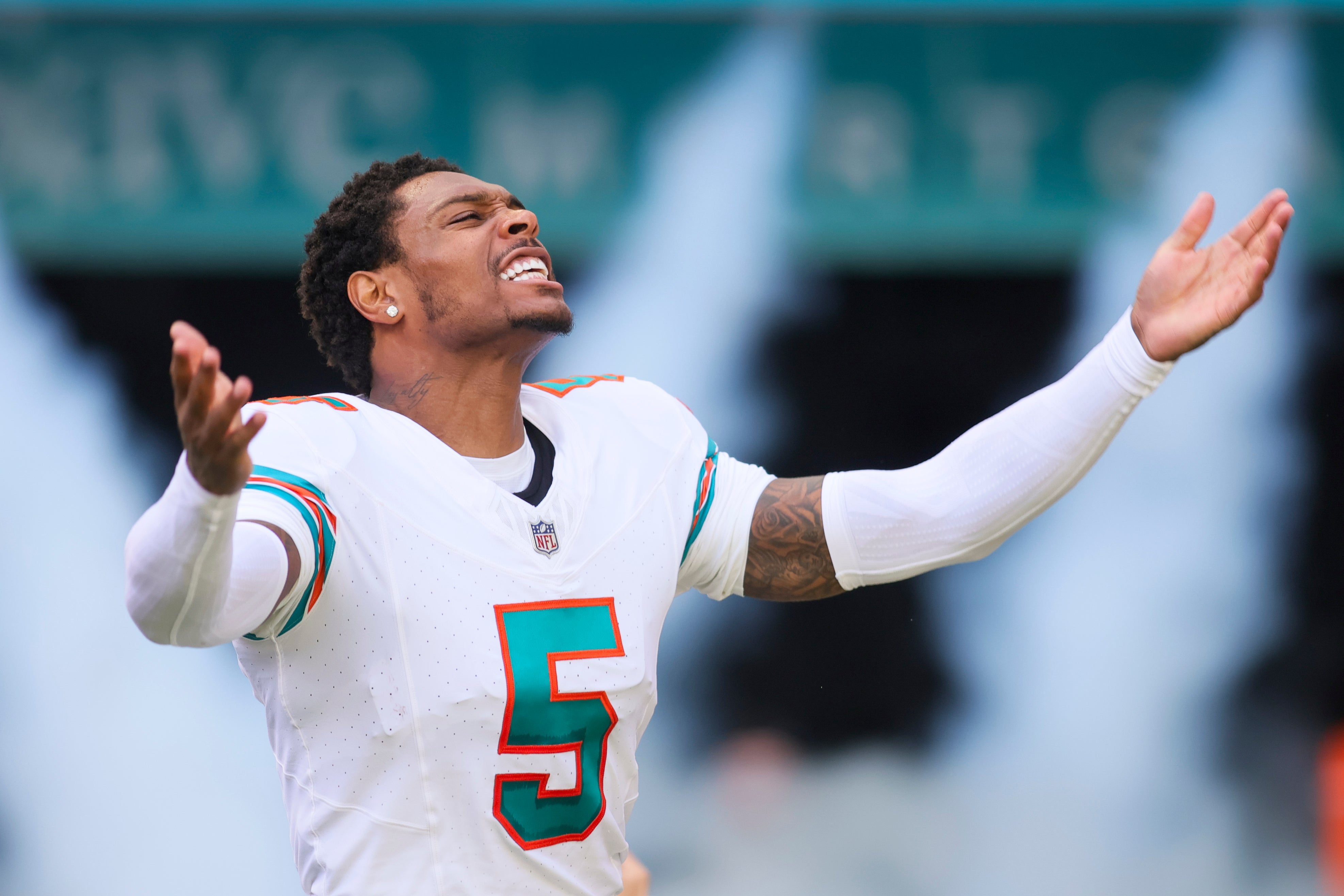 Miami Dolphins cornerback Jalen Ramsey (5) reacts as he takes the field prior to the game against the New England Patriots at Hard Rock Stadium.