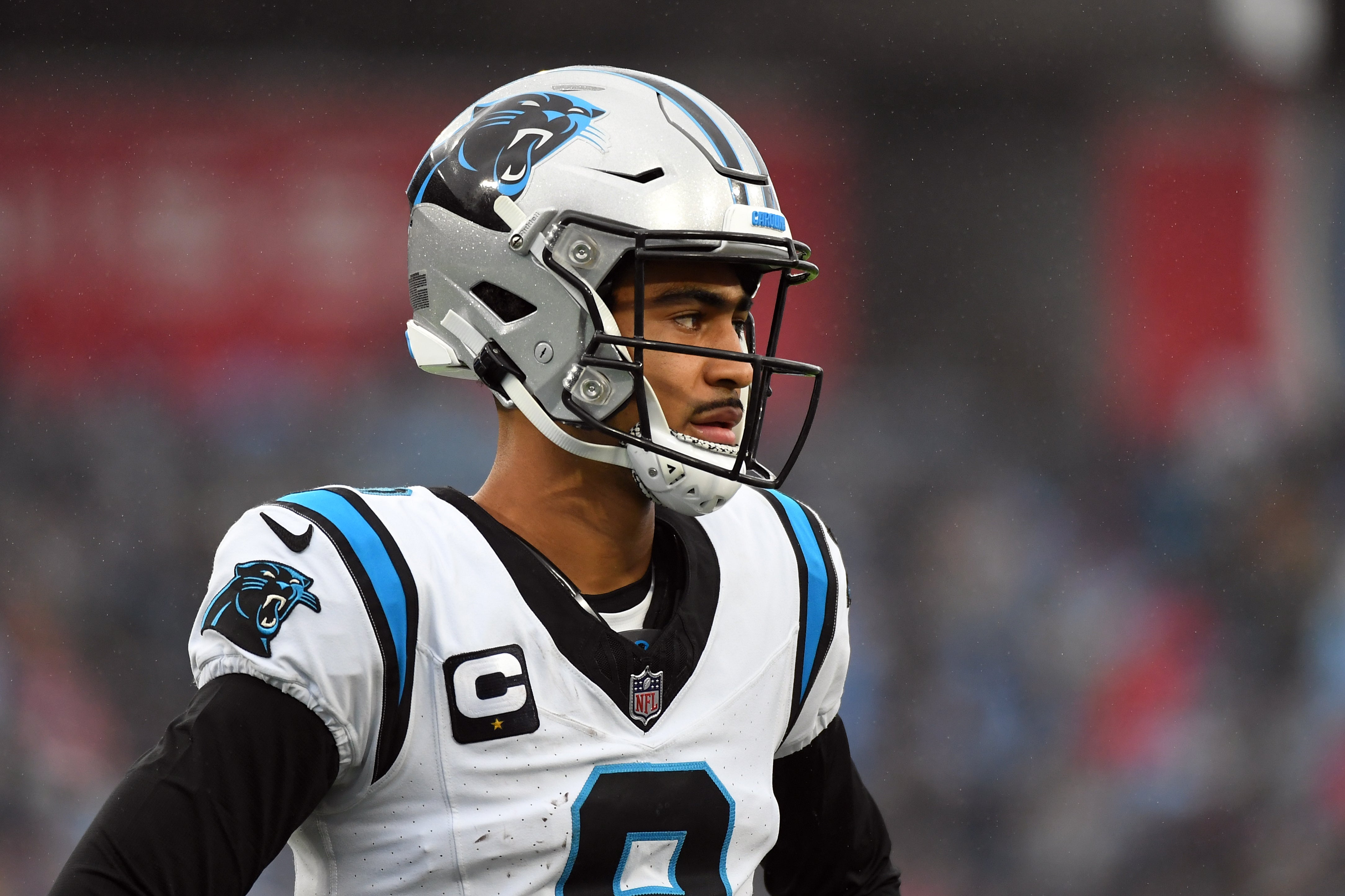 Nov 26, 2023; Nashville, Tennessee, USA; Carolina Panthers quarterback Bryce Young (9) during the first half against the Tennessee Titans at Nissan Stadium. Mandatory Credit: Christopher Hanewinckel-USA TODAY Sports