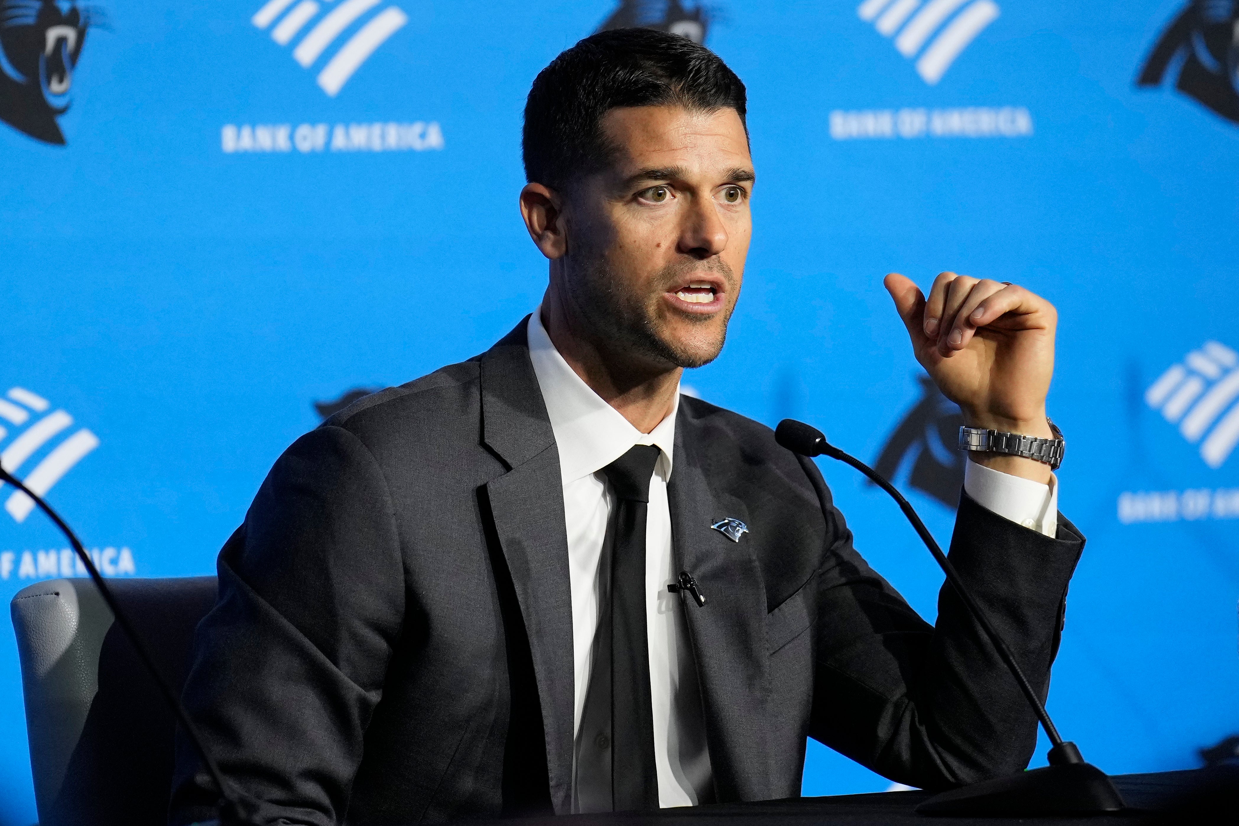 Feb 1, 2024; Charlotte, NC, USA; Carolina Panthers head coach Dave Canales speaks to the media during the introductory press conference for new general manager Dan Morgan and head coach Dave Canales at Bank of America Stadium. Mandatory Credit: Jim Dedmon-USA TODAY Sports