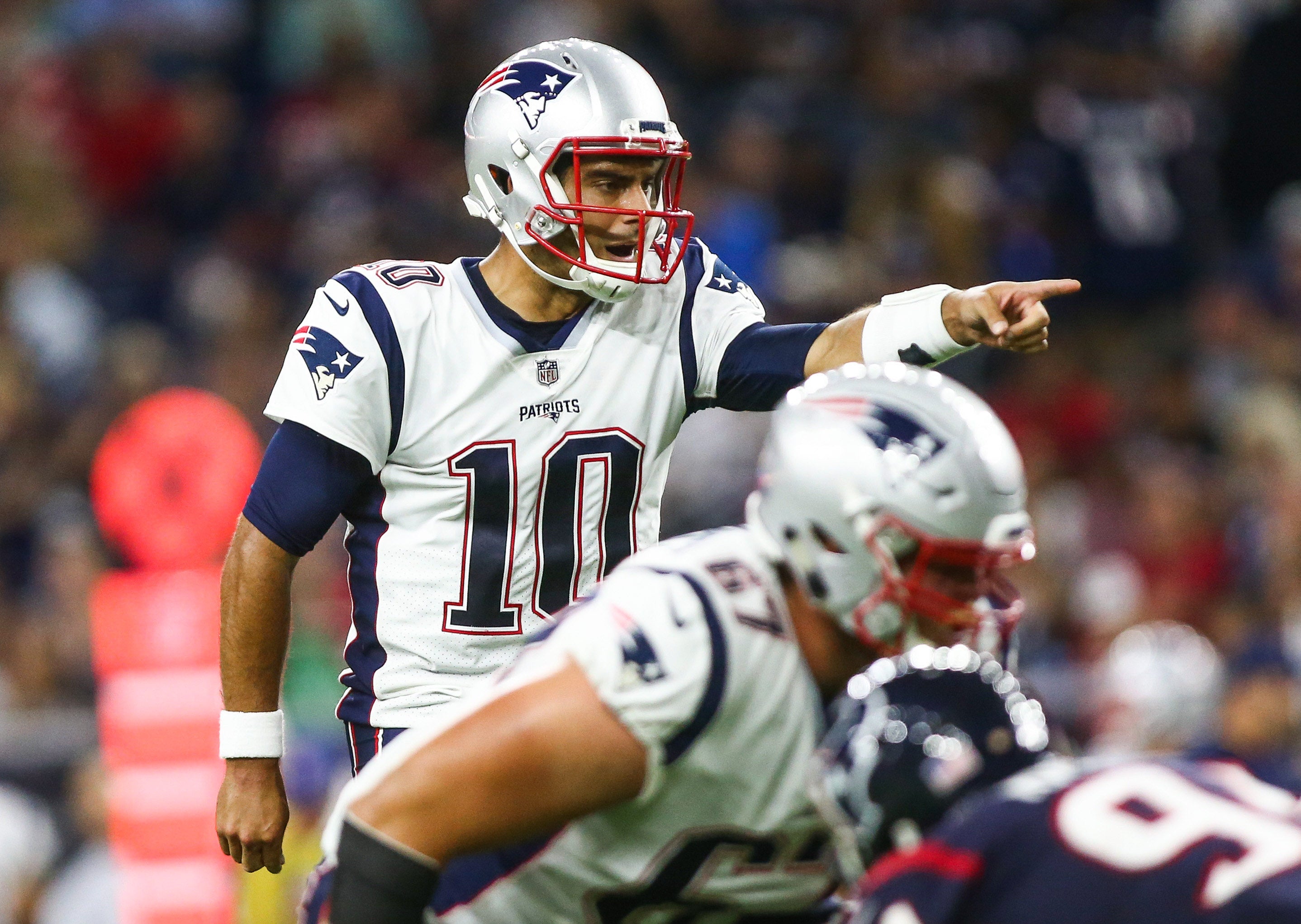 Aug 19, 2017; Houston, TX, USA; New England Patriots quarterback Jimmy Garoppolo (10) calls a play at the line of scrimmage during the game against the Houston Texans at NRG Stadium